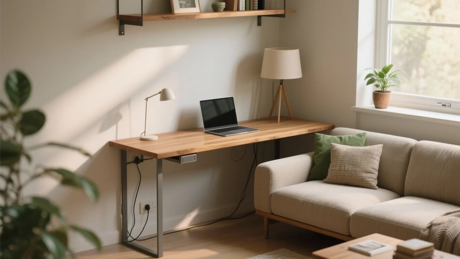 Minimalist wooden desk with laptop and lamp placed next to a beige sofa in room