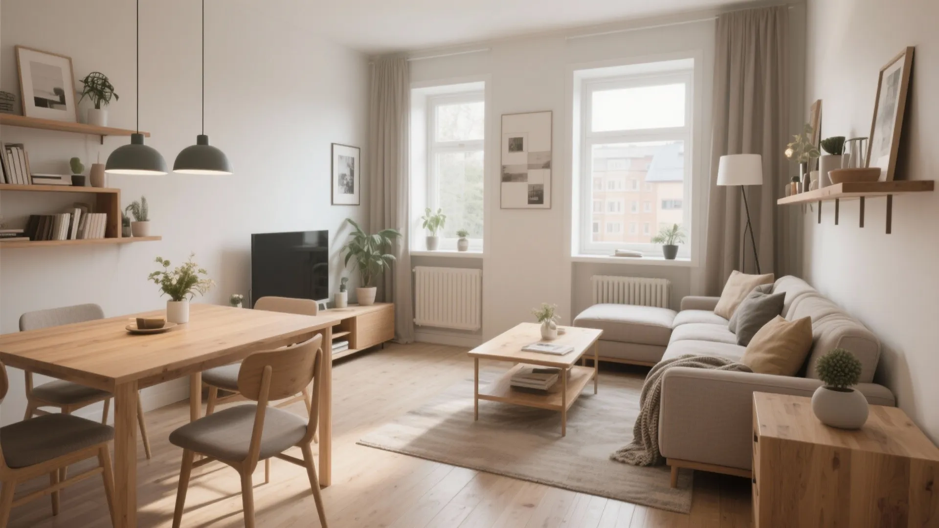 Modern open plan living and dining room with wooden table grey sofa and natural light