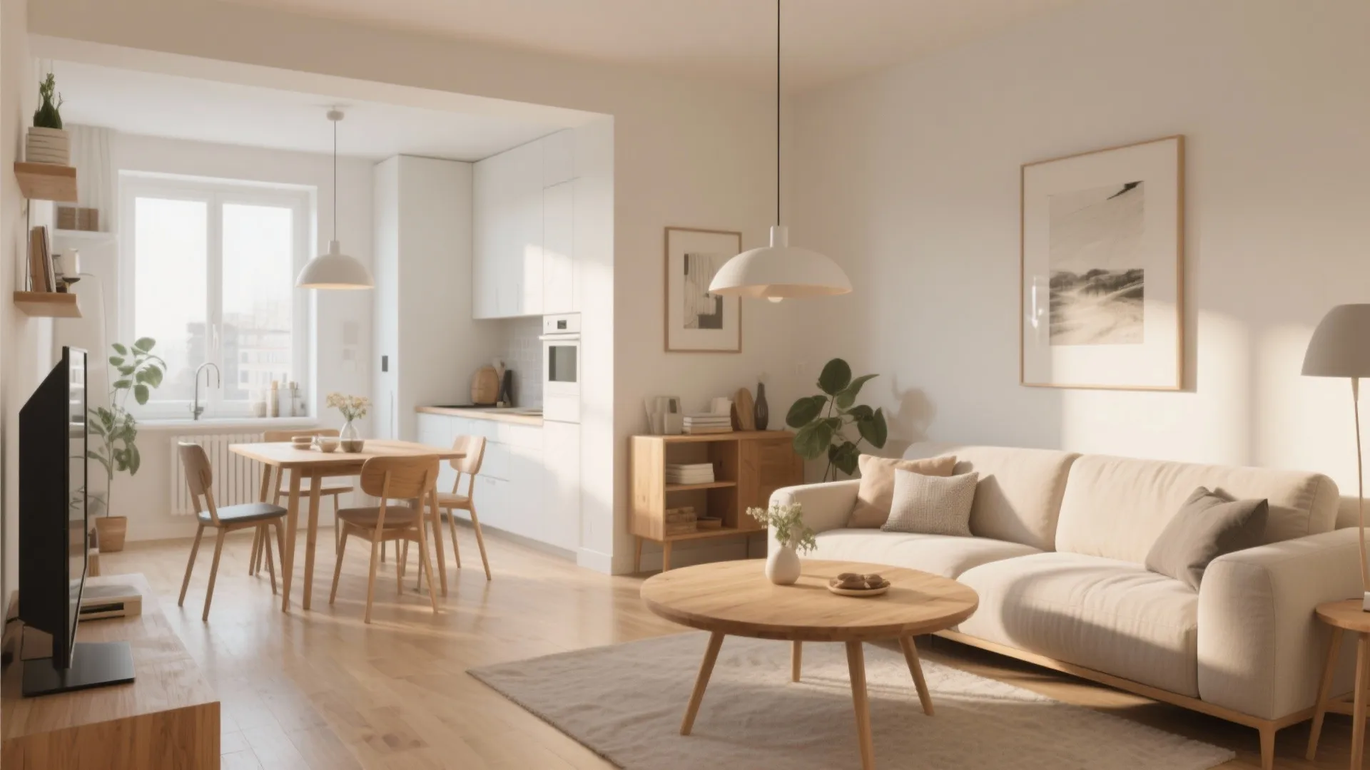 Small modern living room with a white sofa wooden coffee table and a dining area