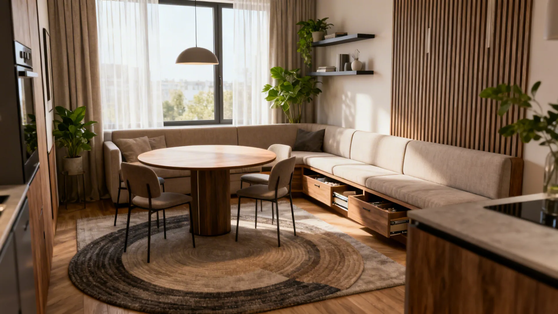 Living area with round wooden table curved sofa with drawers round rug and wall panel