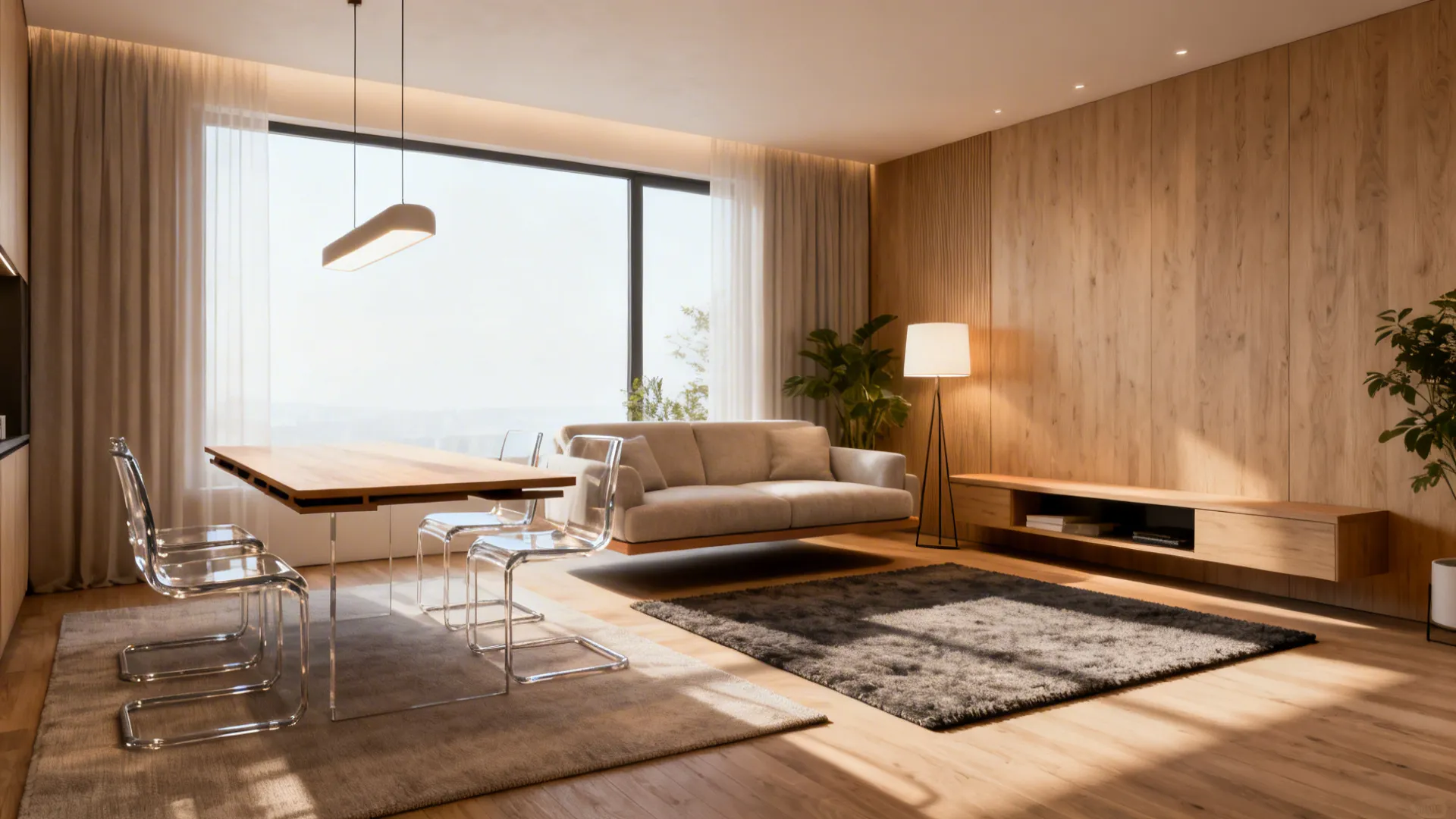 Modern living room featuring wooden wall panel, grey sofa, dining table, clear chairs, and natural light