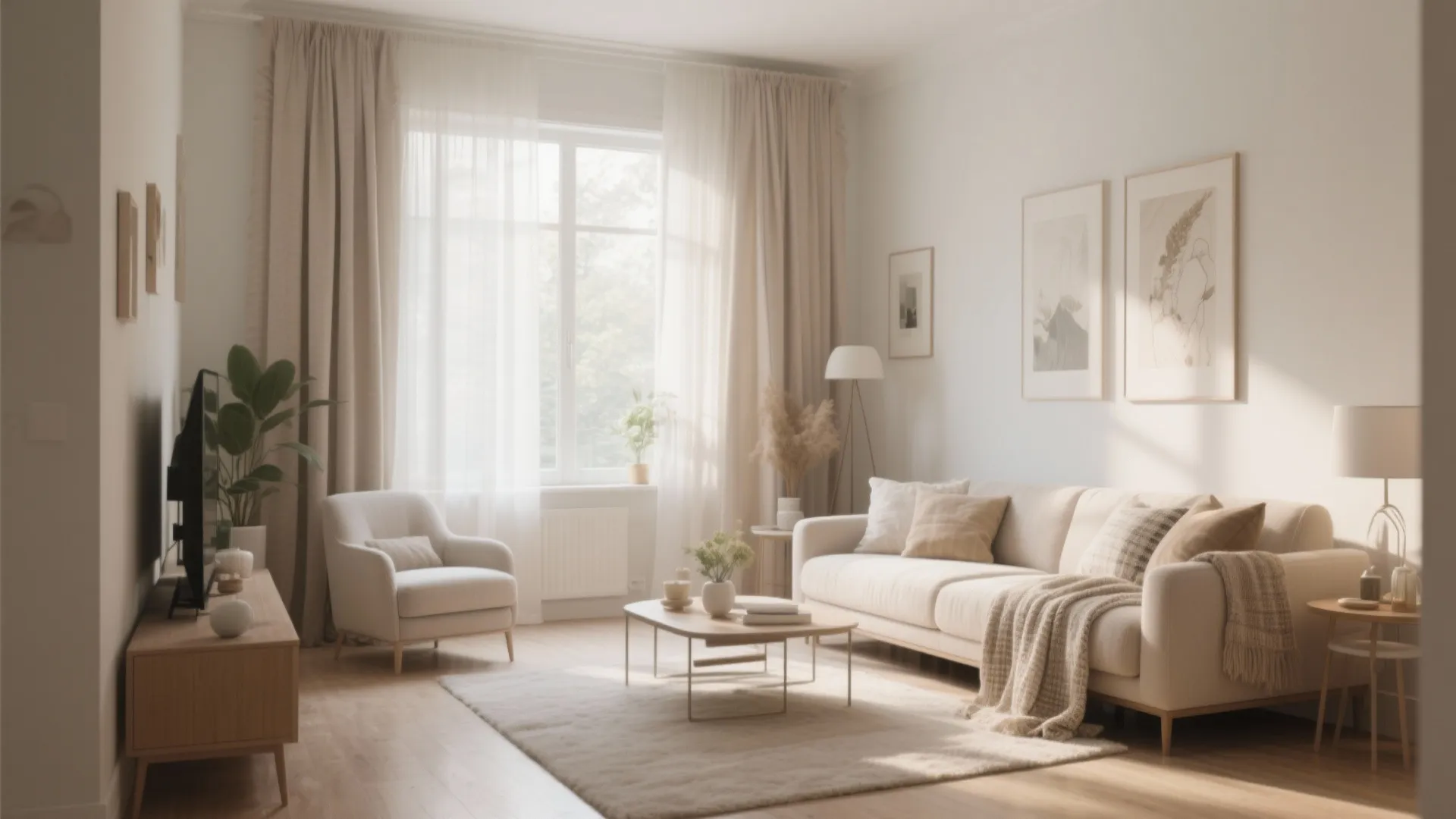 Warm living room interior design with beige curtains white armchair wooden table and natural light
