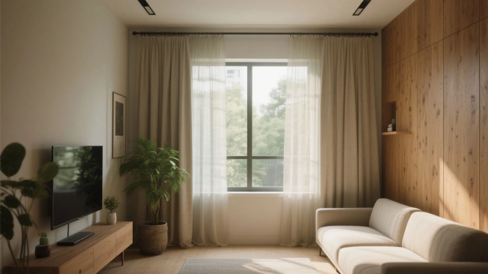 Modern living room with wood wall panel beige sofa green plant and light thin window curtains