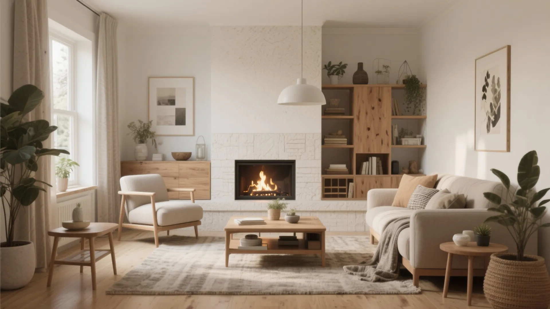 Bright living room with white stone fireplace wooden shelves cream sofa armchair and white ceiling light
