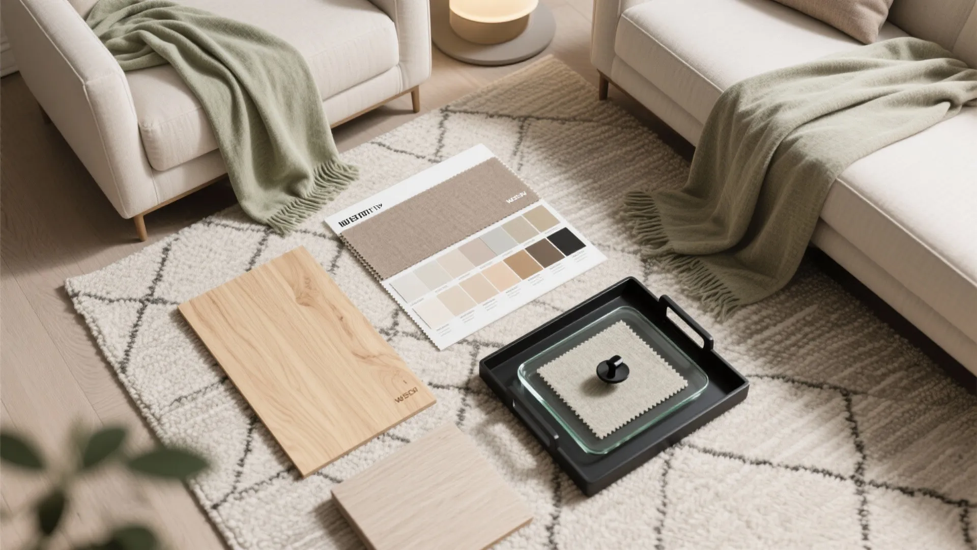 Flat lay of neutral fabric, wood, rug, and accent materials for a small living room.