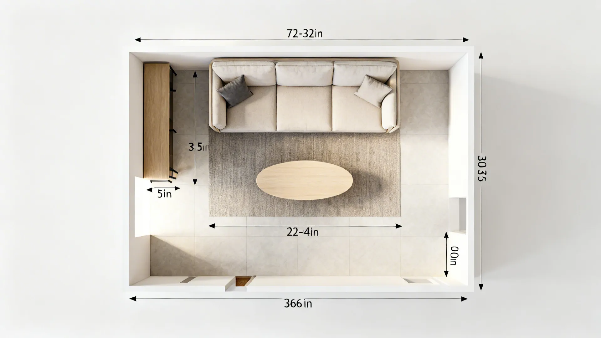 Top-down layout illustrating small living room sofa sizing and walkway clearances.