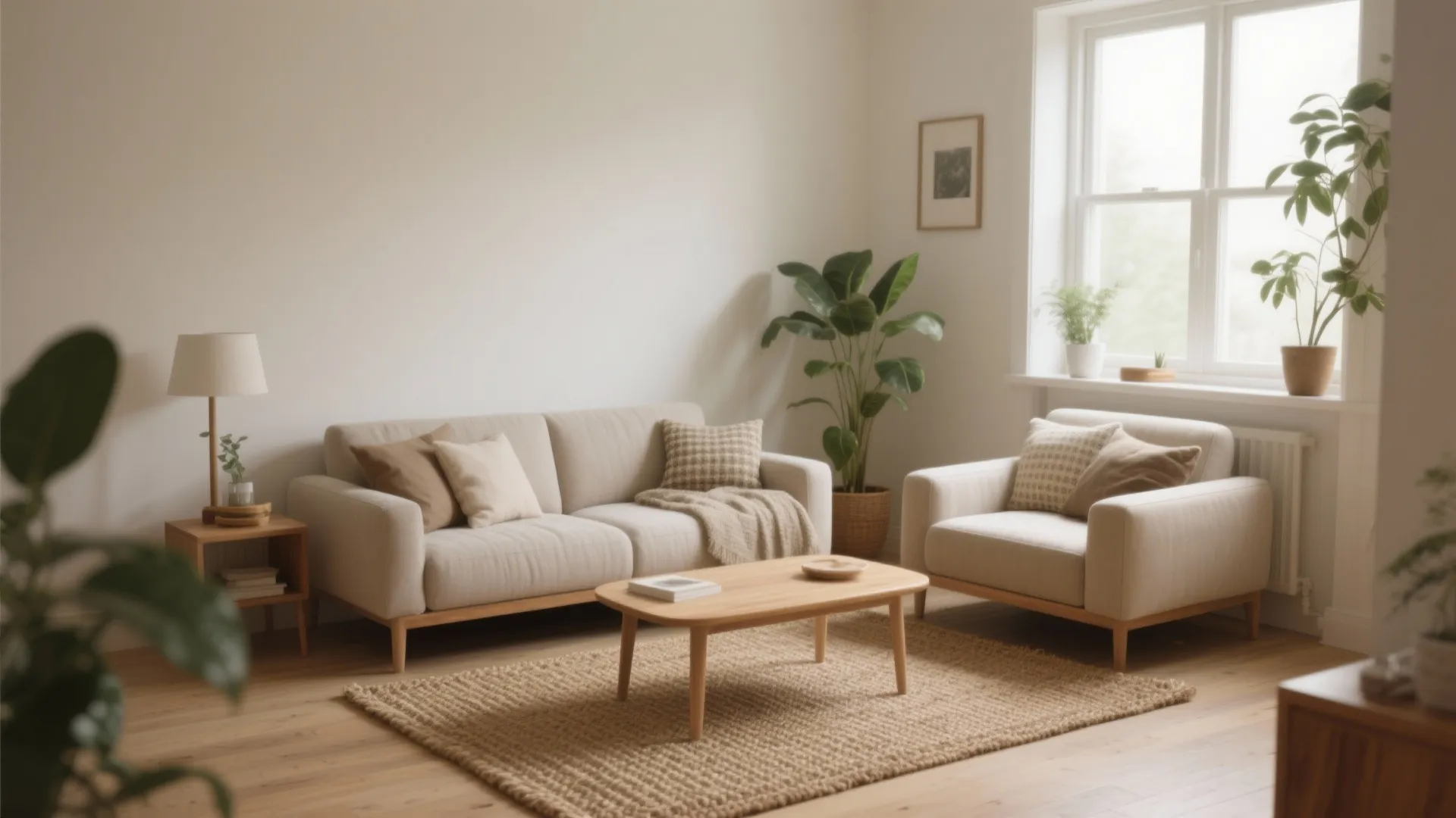 Bright minimalist living room featuring a cream sofa beige armchair wooden coffee table and jute rug
