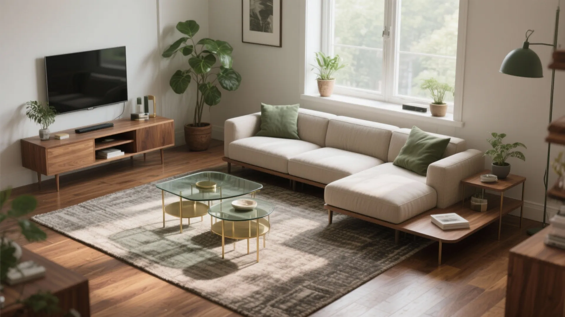 Living room with beige sofa, green cushions, glass coffee tables, wooden cabinet, plants, and window