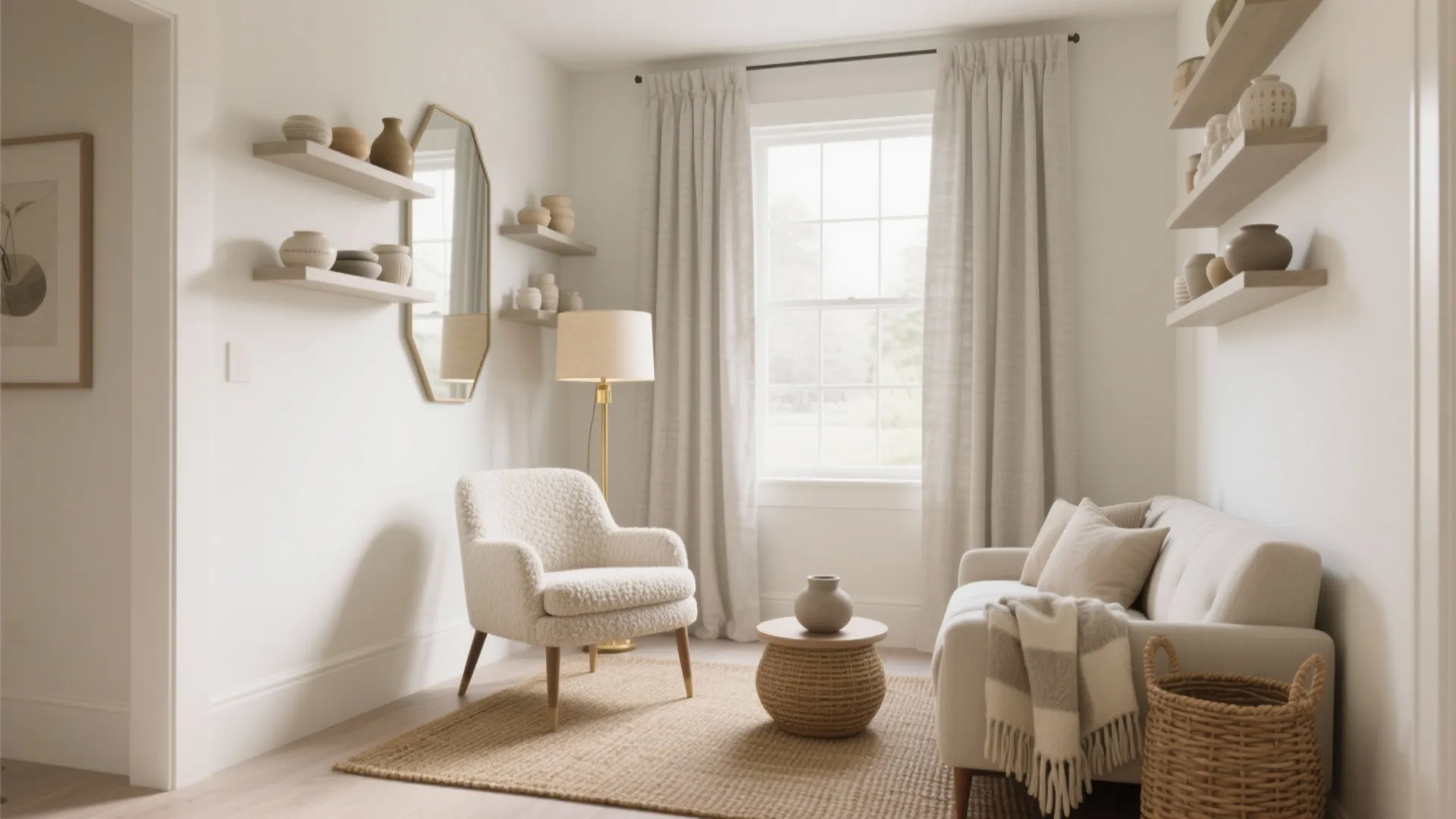 Cozy living room with white armchair wood shelving floor lamp cream curtains and woven jute rug