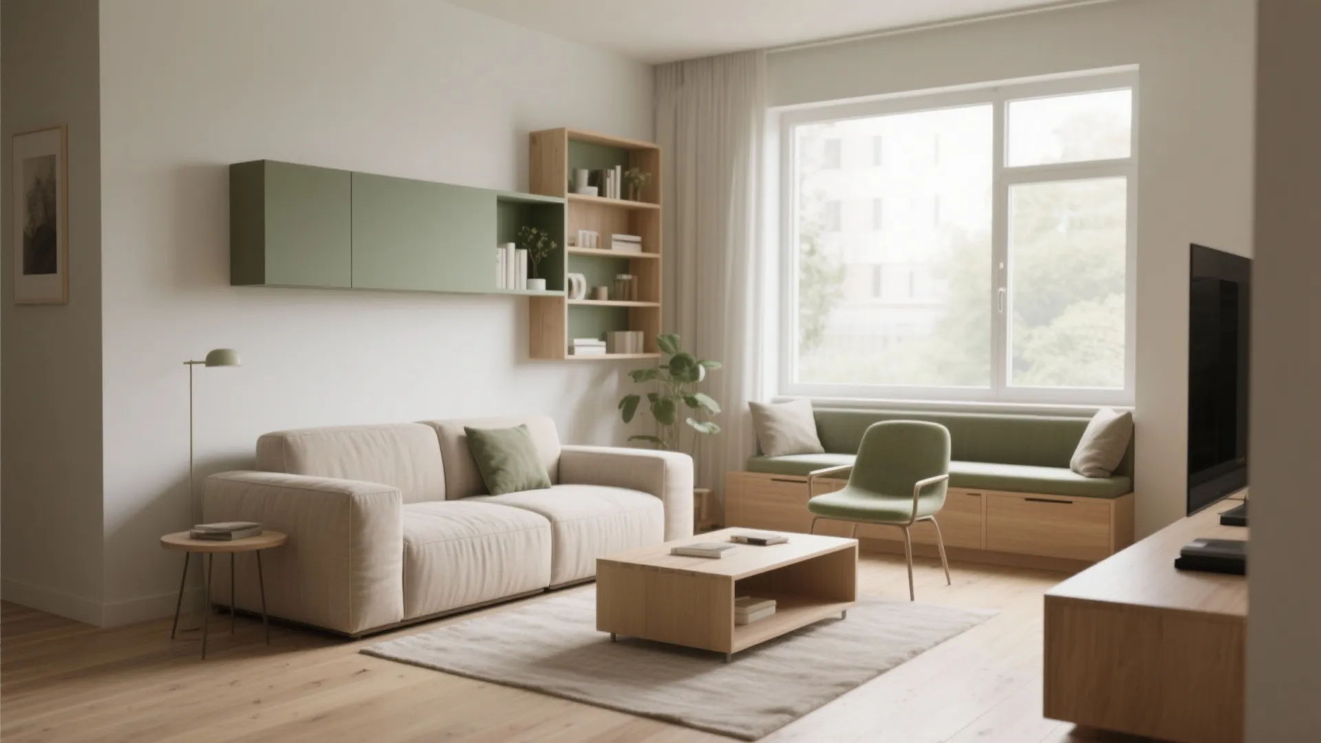 Modern bright living room interior design with beige sofa coffee table green chair and bookshelf