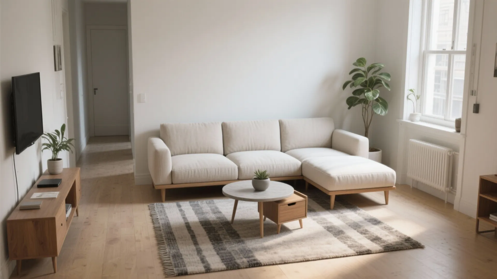 Bright living room with white sofa round coffee table striped rug green plants and sunlight