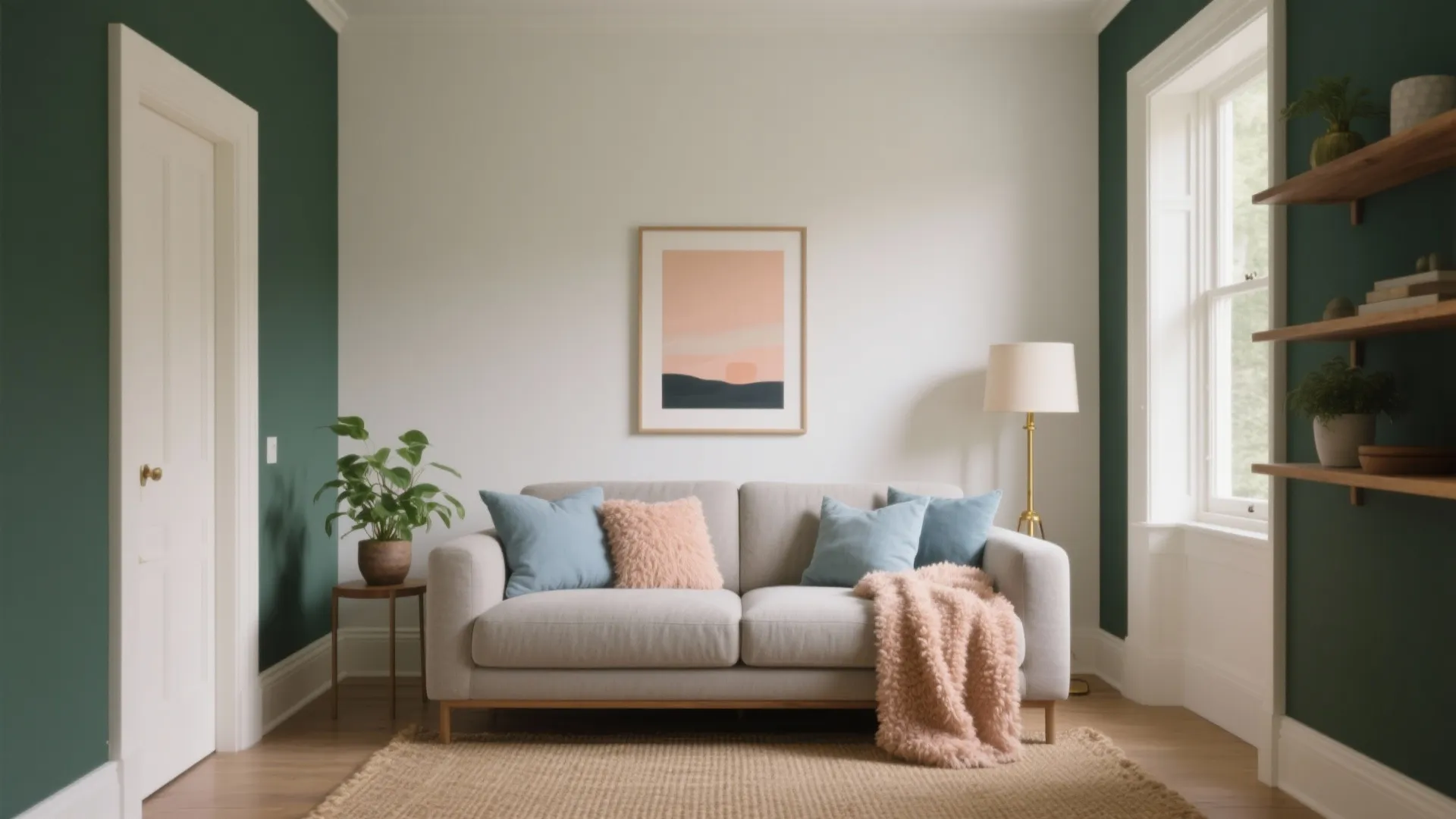 Modern living room with grey sofa colorful pillows pink blanket wall art and green walls