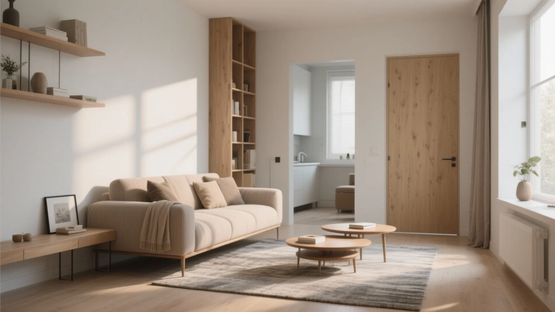 Modern minimal living room featuring beige sofa wooden bookshelf two round coffee tables and natural light