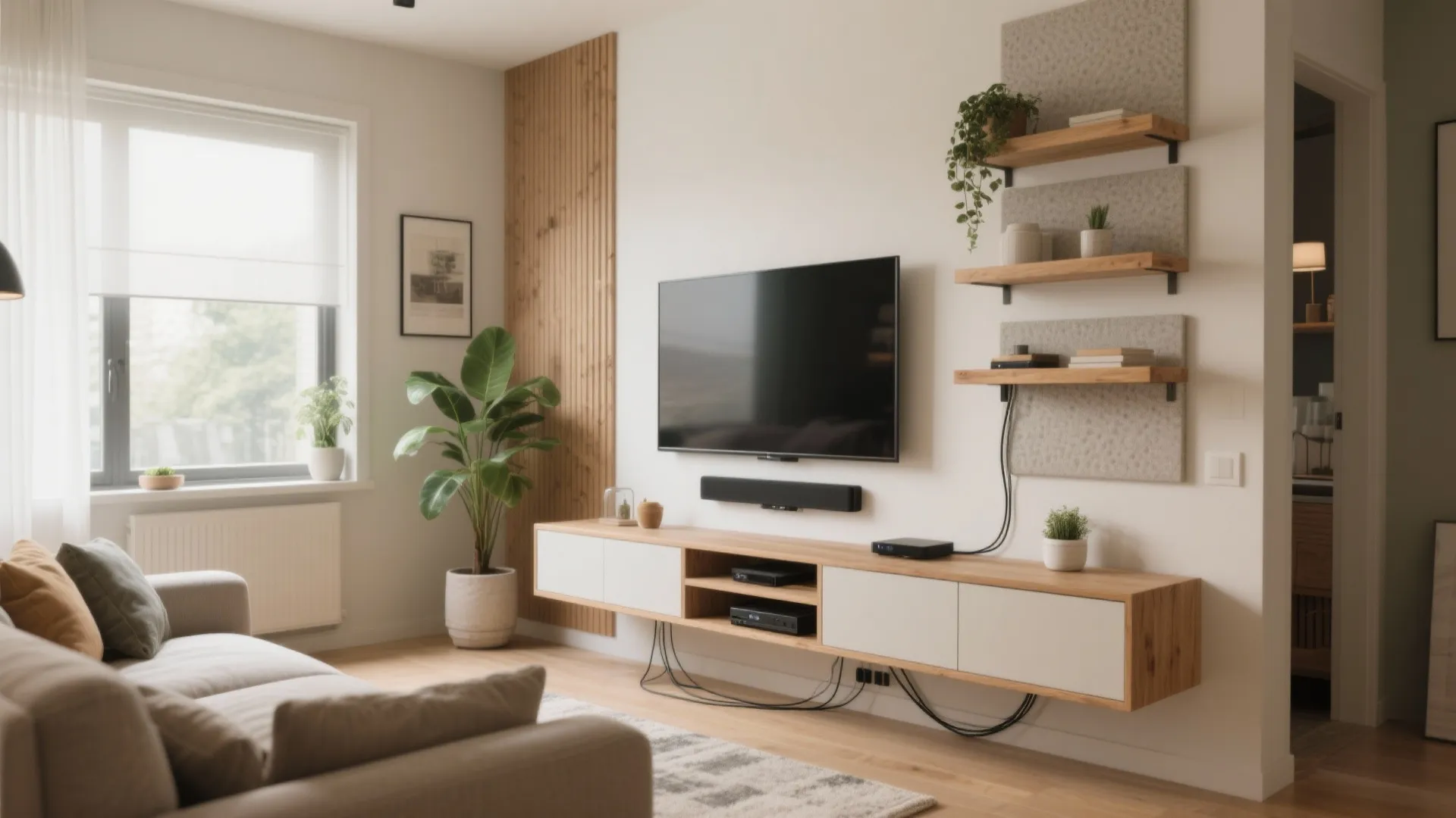 Bright living room with floating wood cabinet wall mounted television green plants and a grey sofa