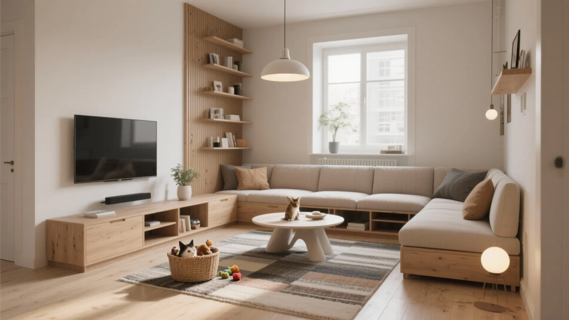 Bright living room with large corner sofa wooden cabinet television and white round coffee table