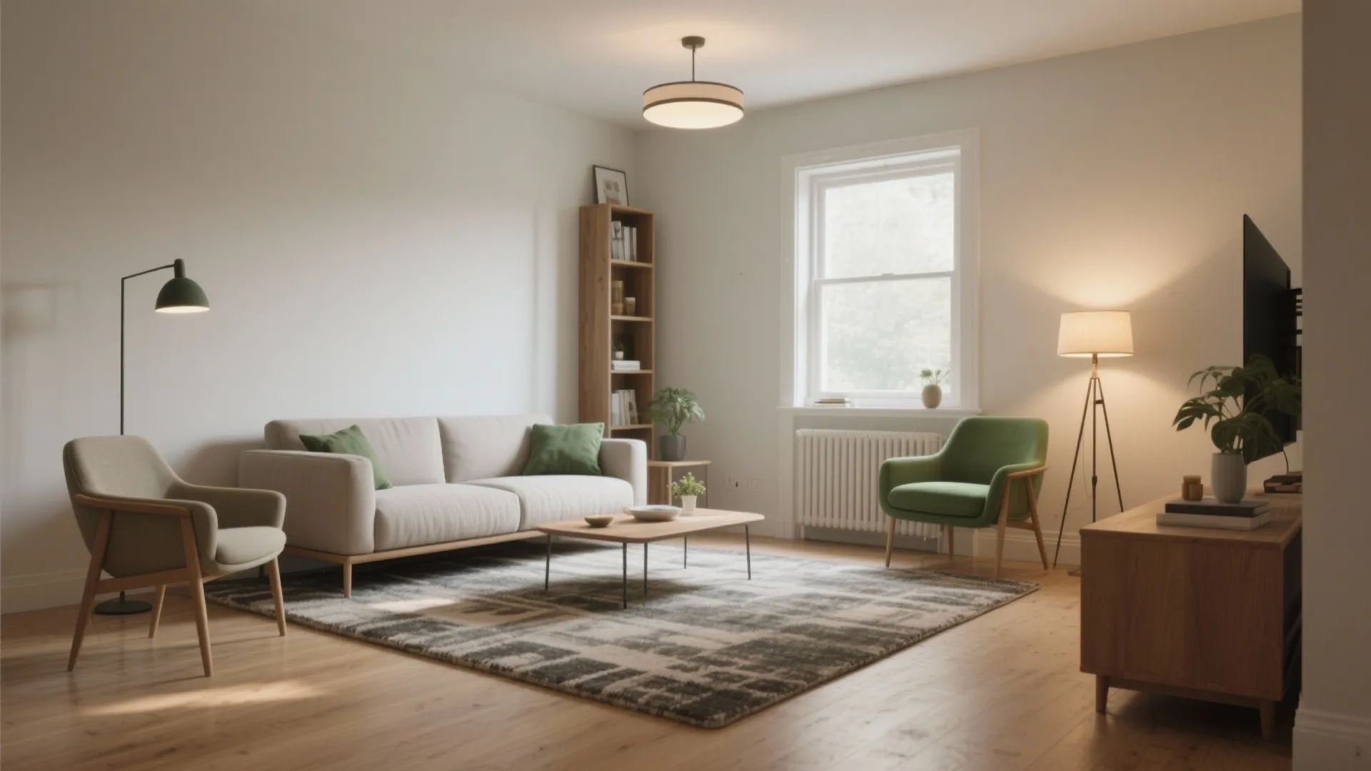 Modern living room with grey sofa green armchair wooden coffee table rug and white window