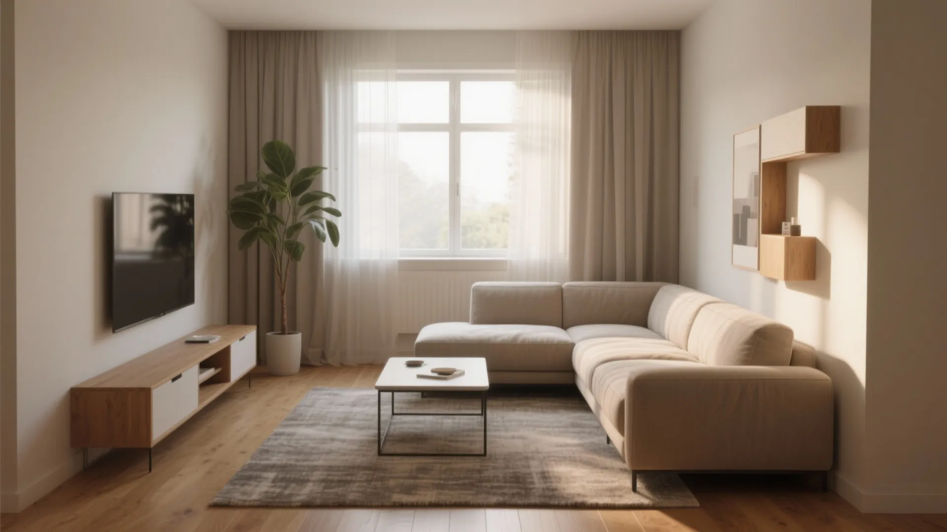 Modern living room featuring a beige sofa wooden cabinet green plant large window and soft light