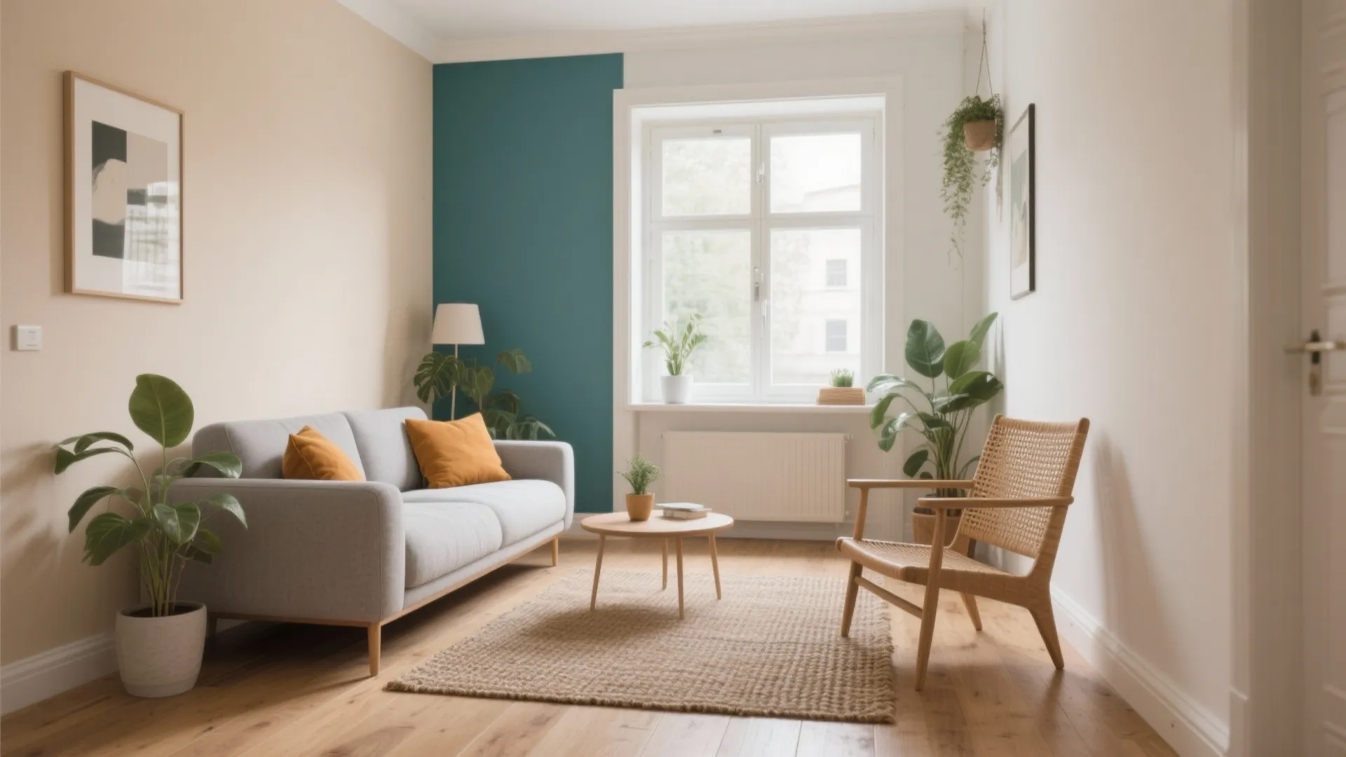 Bright living room with grey sofa yellow pillows teal wall section wooden chair and plants