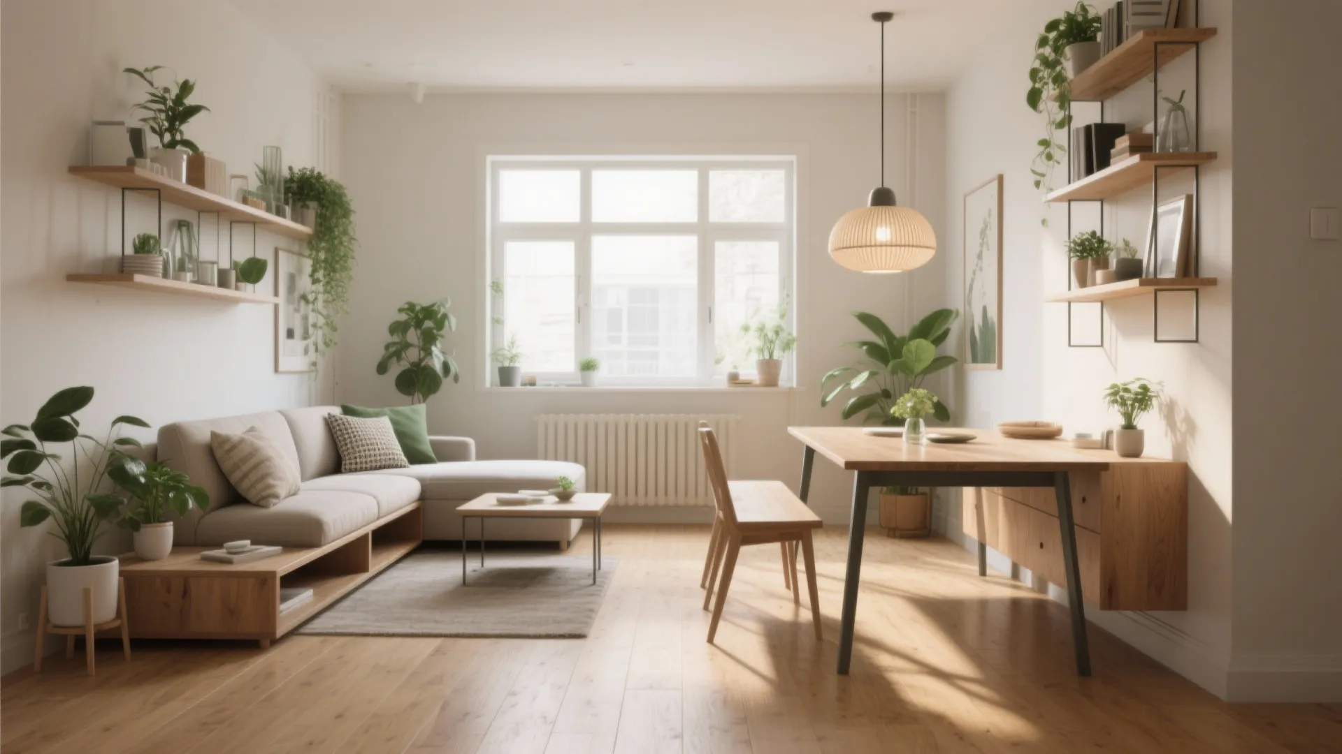 Small living room featuring grey sofa wooden wall shelves green plants and natural window light