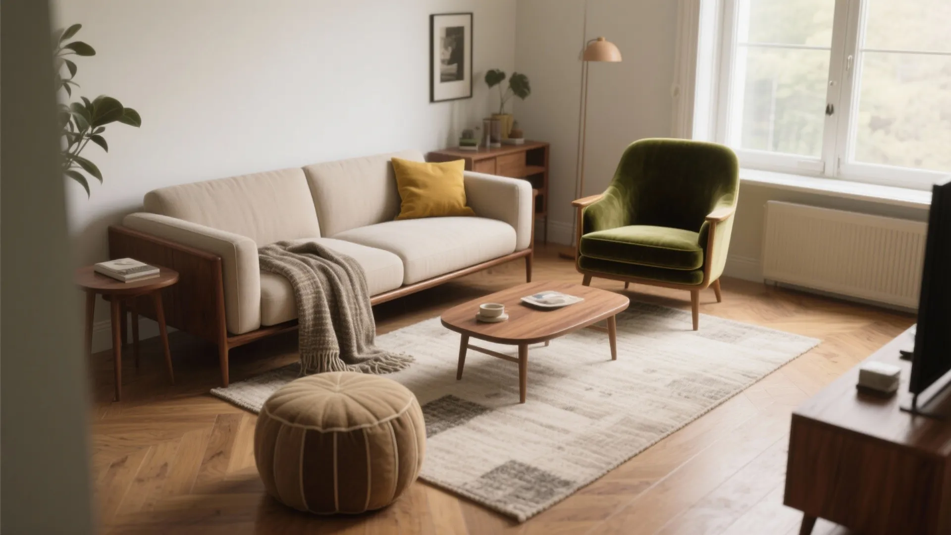 Modern living room with beige sofa, wooden armchair, patterned rug, floor lamp, and natural light