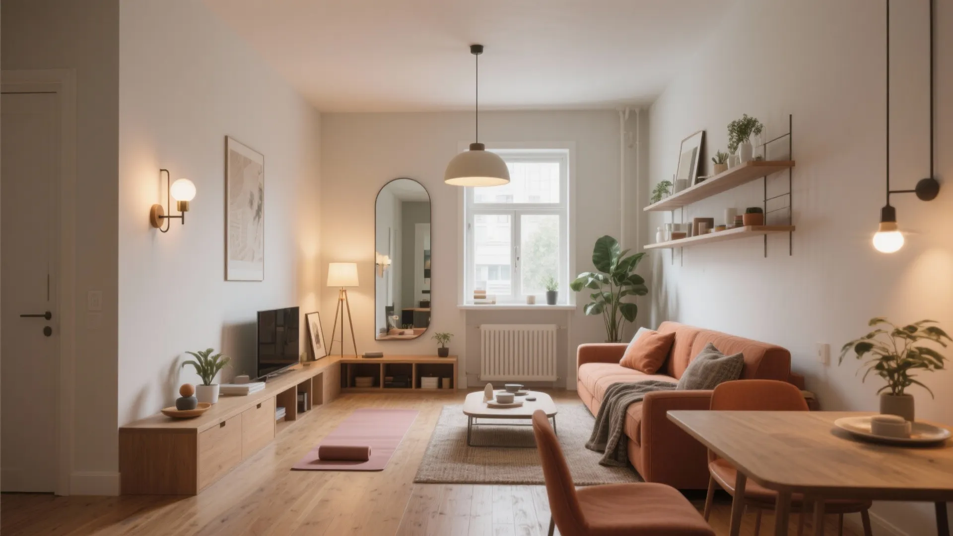 Modern living room with orange sofa wooden cabinet yoga mat wall lights and bright windows