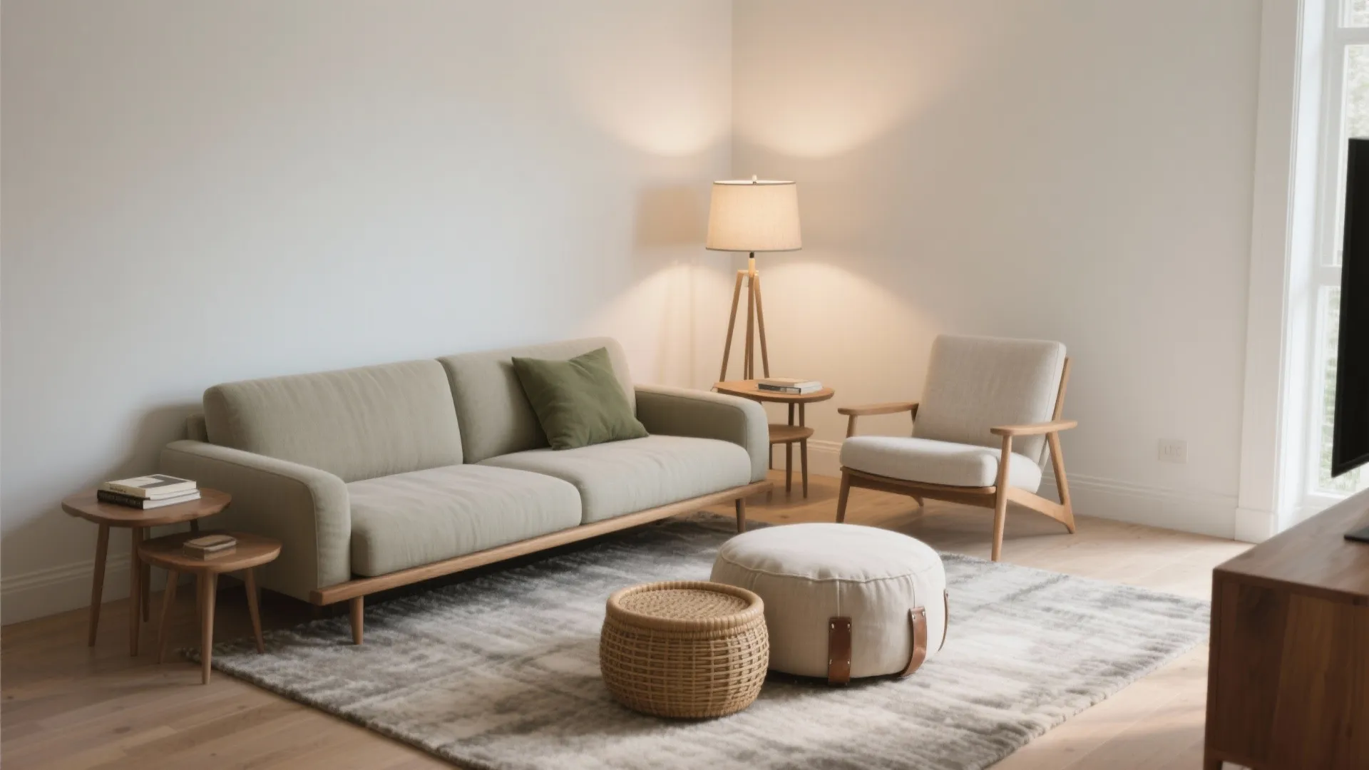 Cozy living room interior featuring green sofa arm chair wooden coffee table and white round footrest