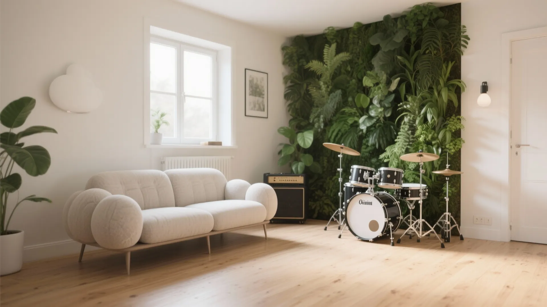 Modern white sofa and black drum set in room with large green plant wall panel