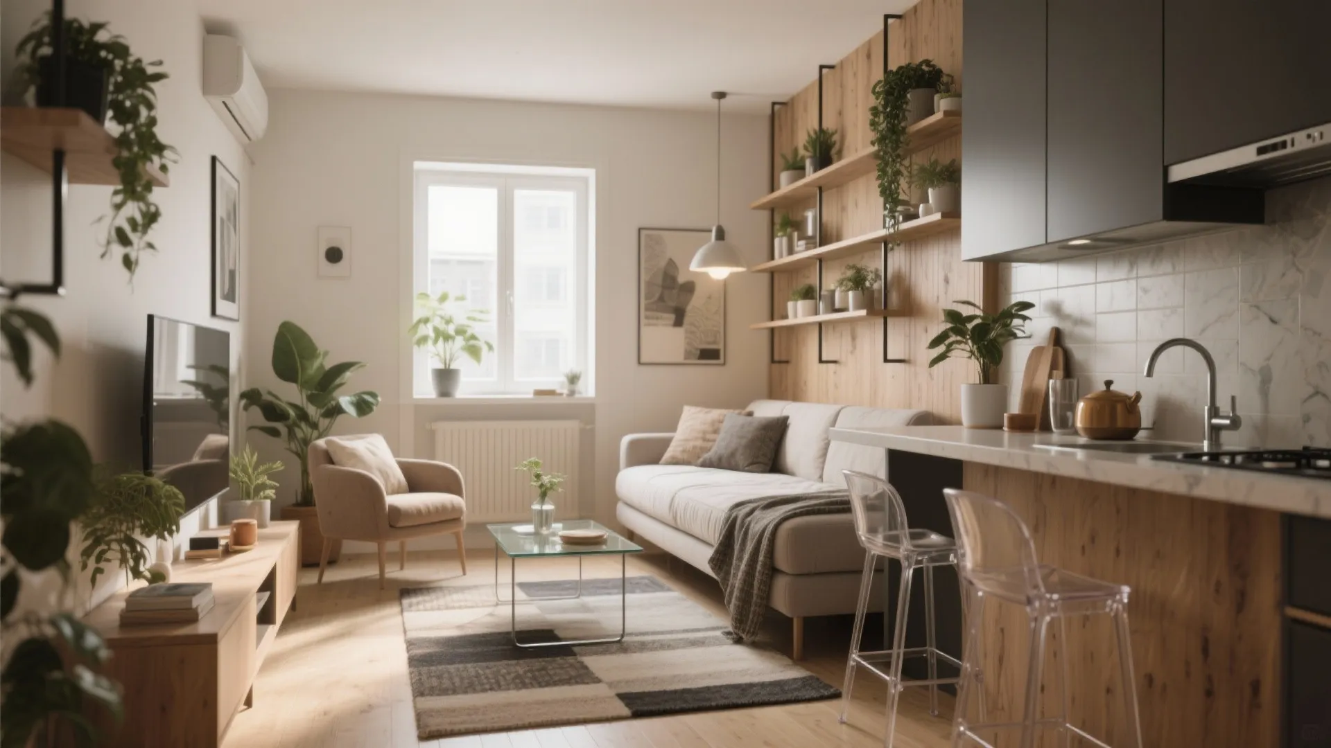 Small apartment living room featuring light grey sofa wall panel shelves green plants and kitchen counter