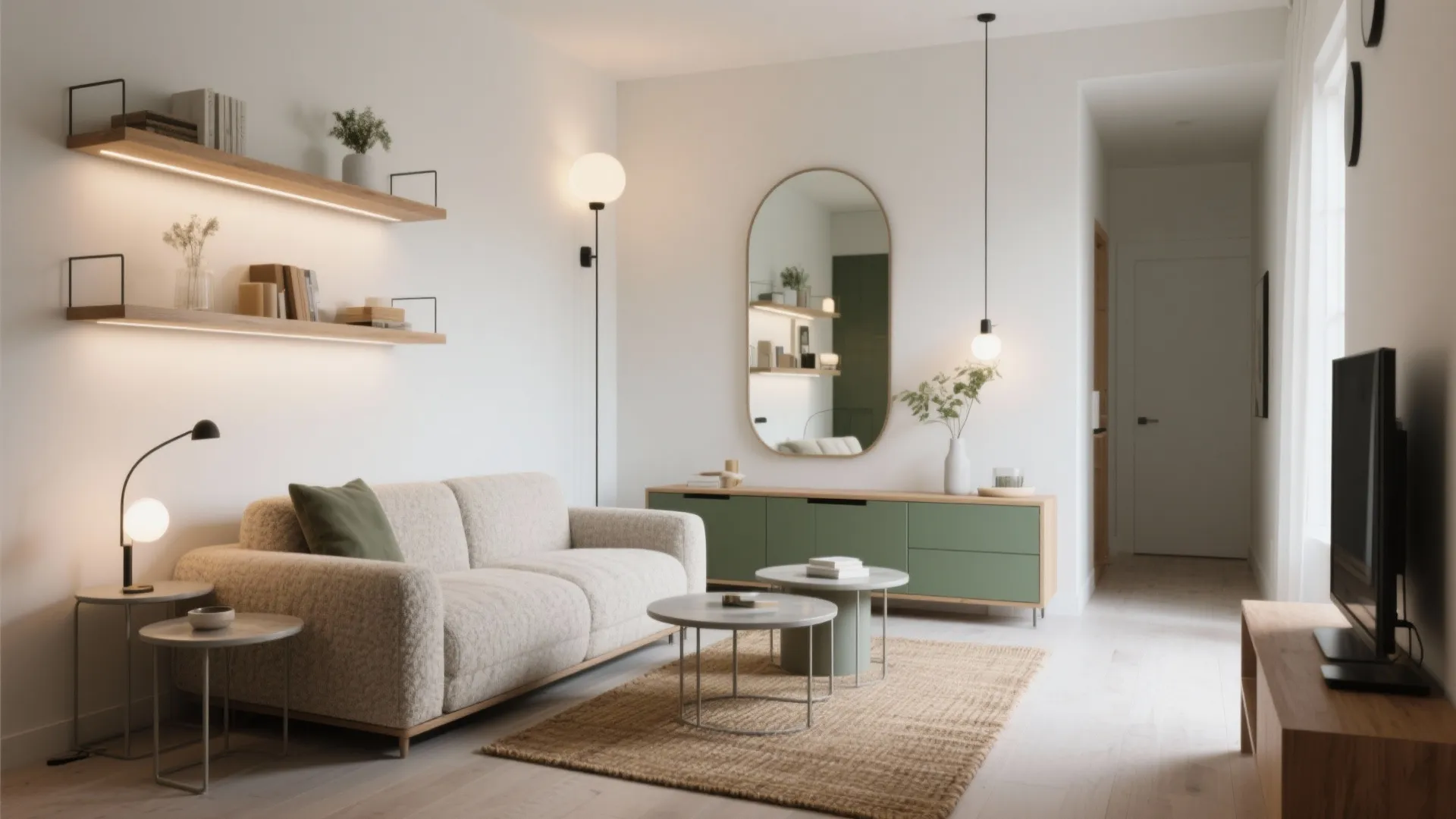 Modern living room with cream sofa, green cabinet, oval mirror, round coffee tables and shelves
