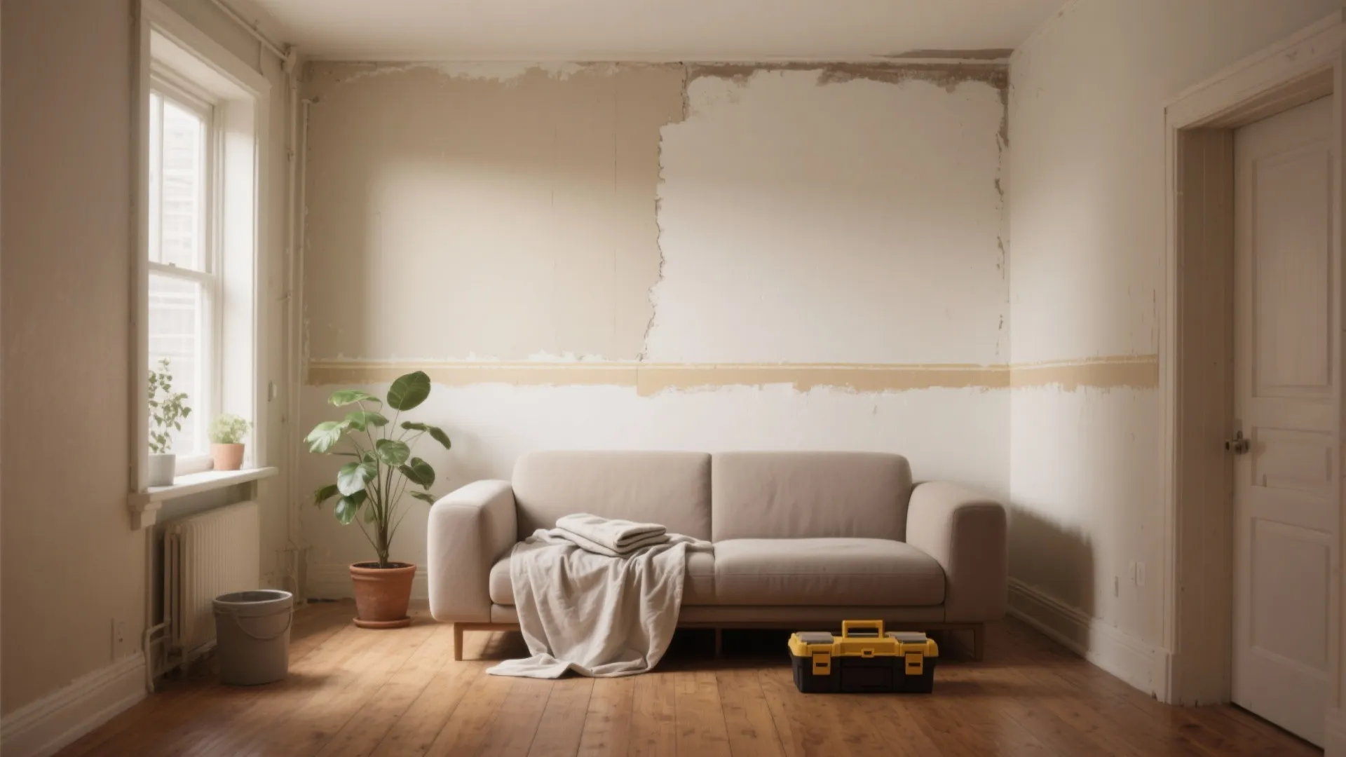 Living room during renovation with sofa green plant toolbox window and partially painted white wall