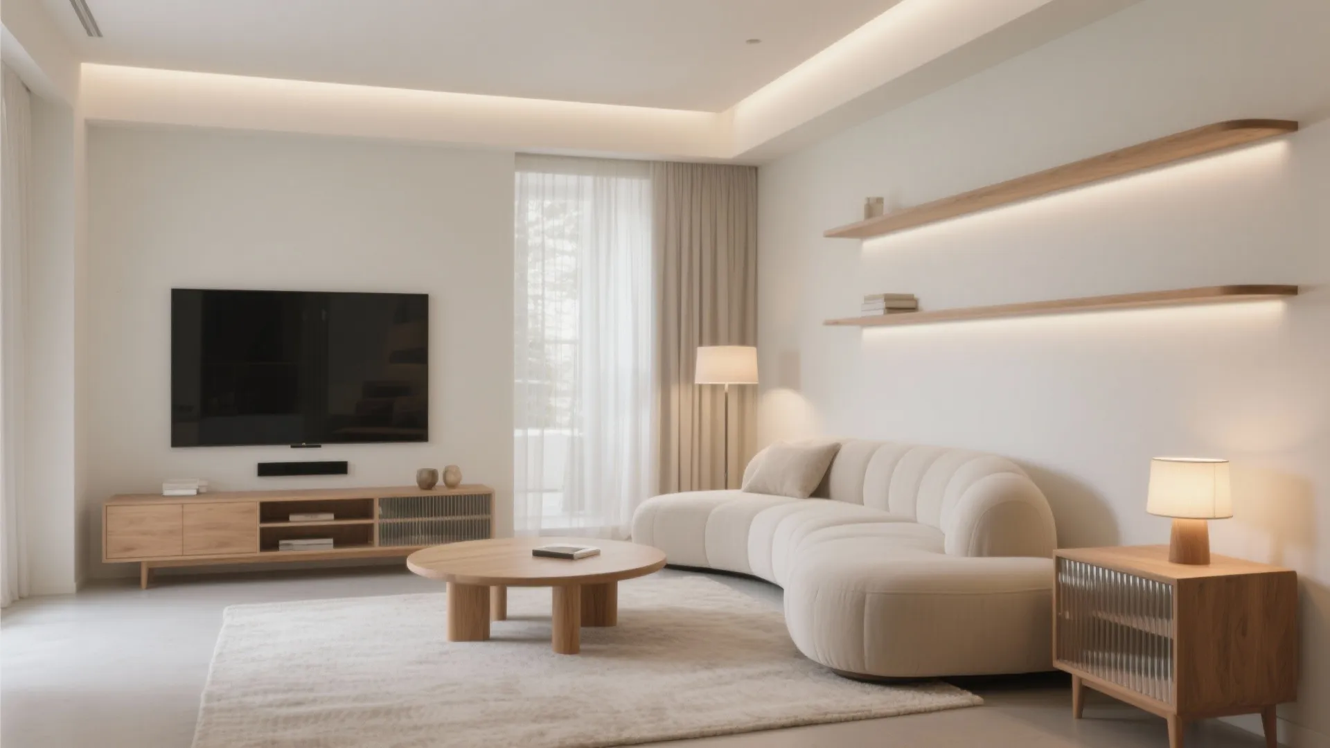 Modern living room with curved white sofa round wood table television cabinet and wall shelves