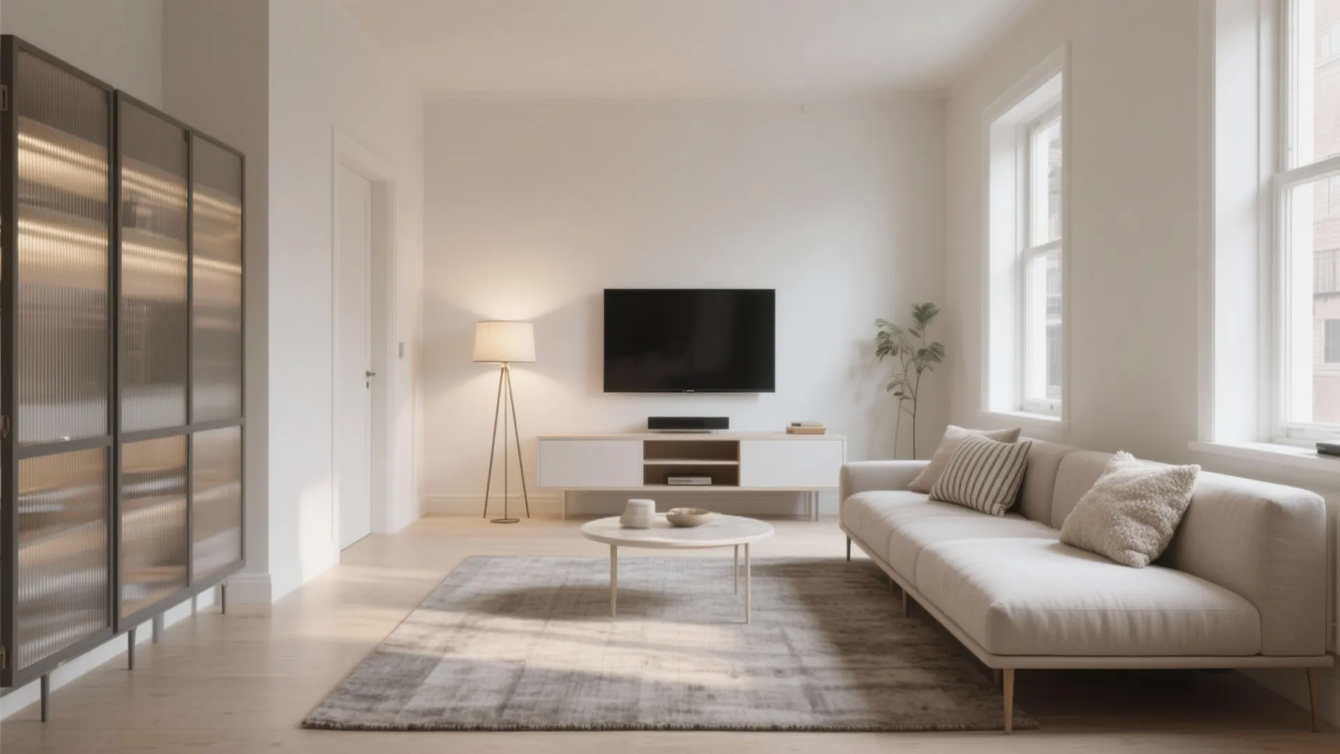Modern white living room with beige sofa coffee table television stand floor lamp and large windows
