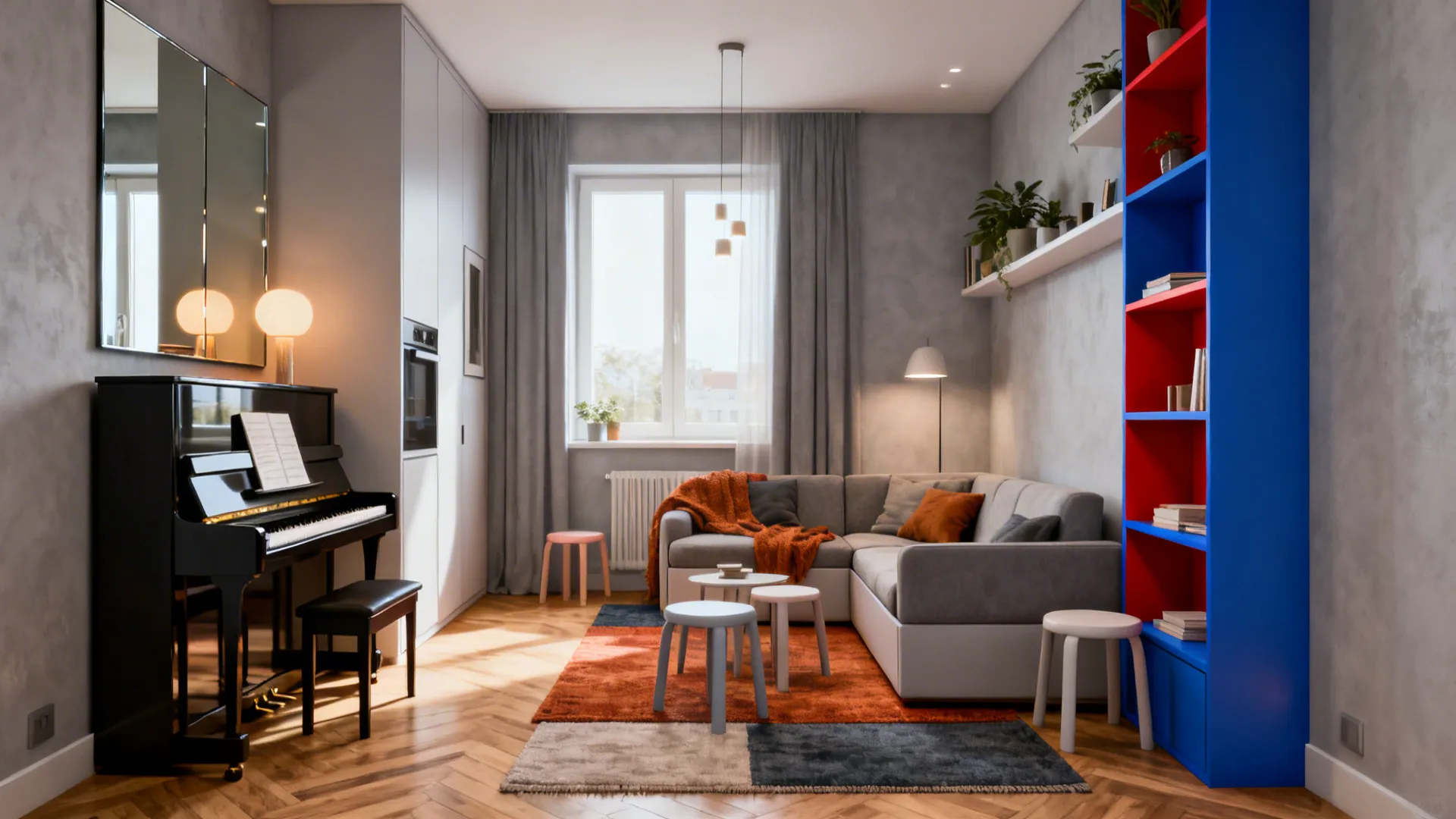 Modern living room with black piano grey sofa blue shelves wooden floor and colorful rug
