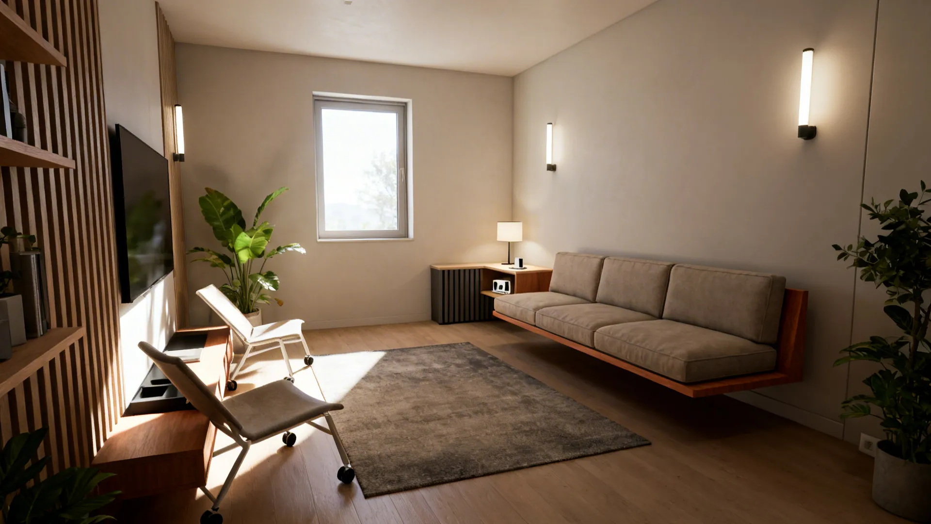Modern living room with floating sofa grey rug two chairs television wall lights and plants