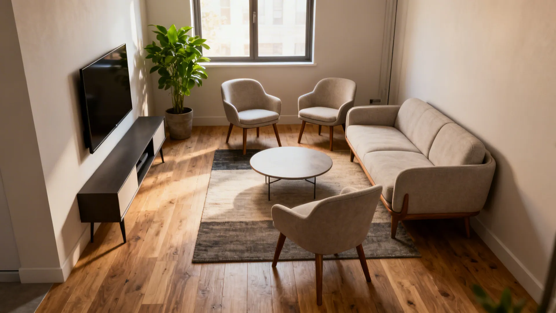 Modern living room with grey sofa, three chairs, round coffee table, television, and large plant