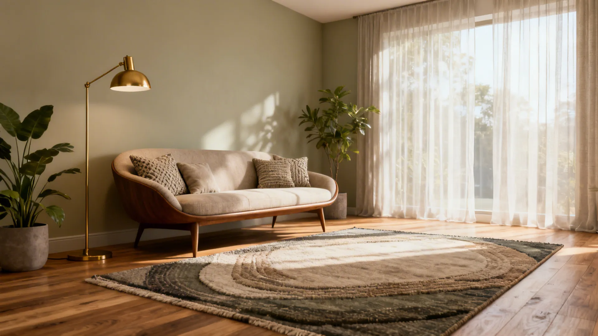 Living room with beige sofa, gold floor lamp, rug, potted plants, and sunlight through curtains