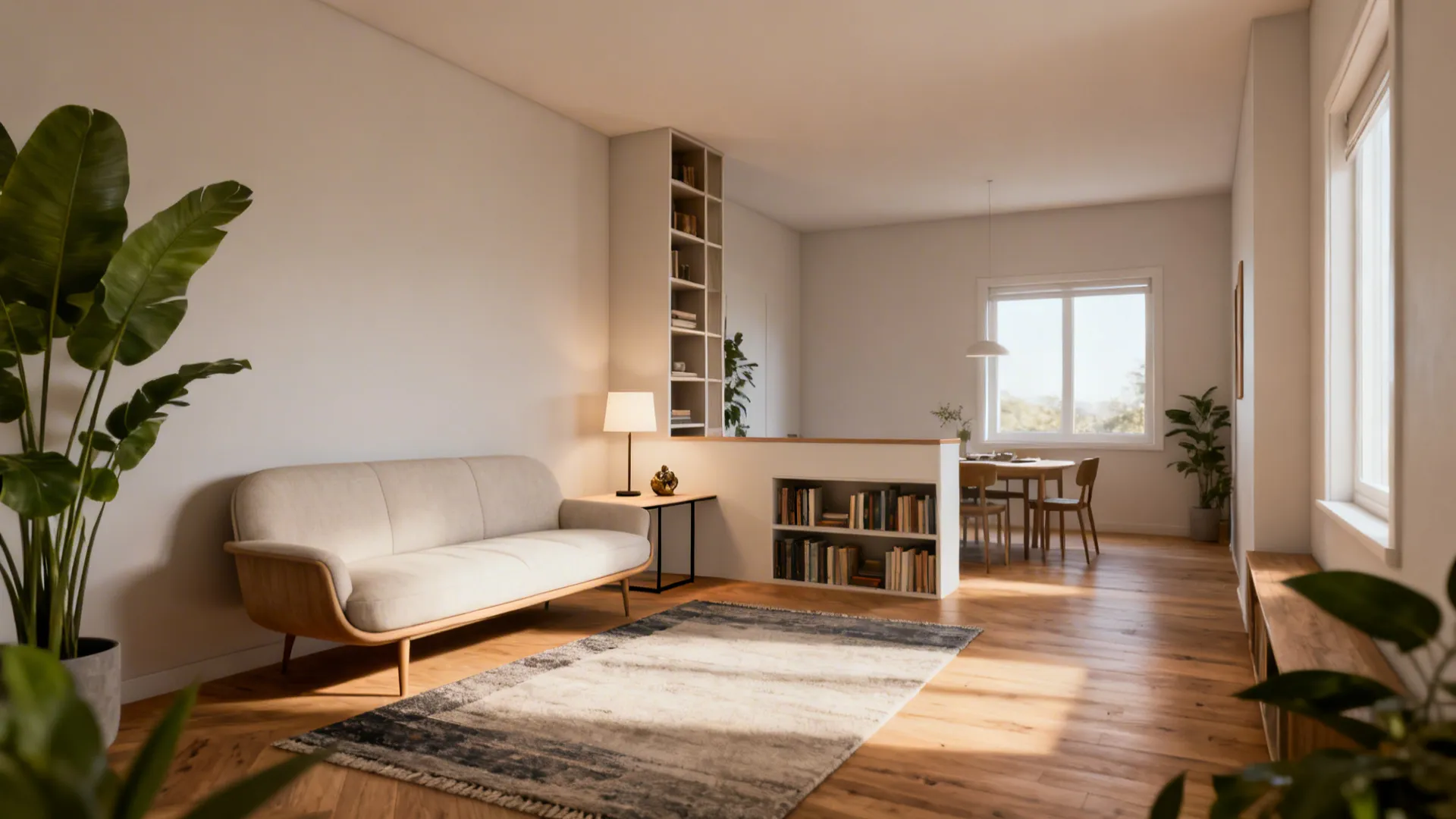 Modern living room with beige sofa wooden floor rug table lamp bookshelf and small dining table