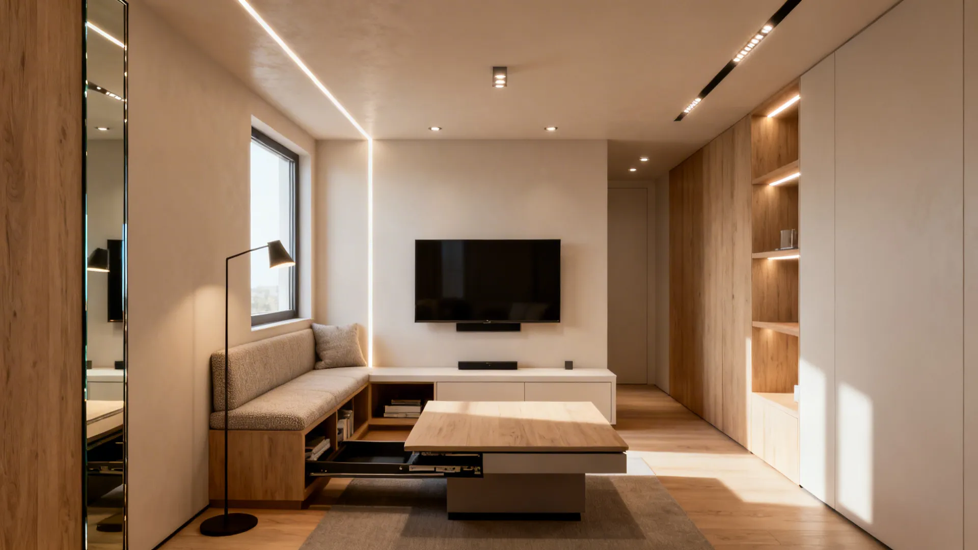 Modern small living room interior design drawing with wall light wooden cabinet and television screen