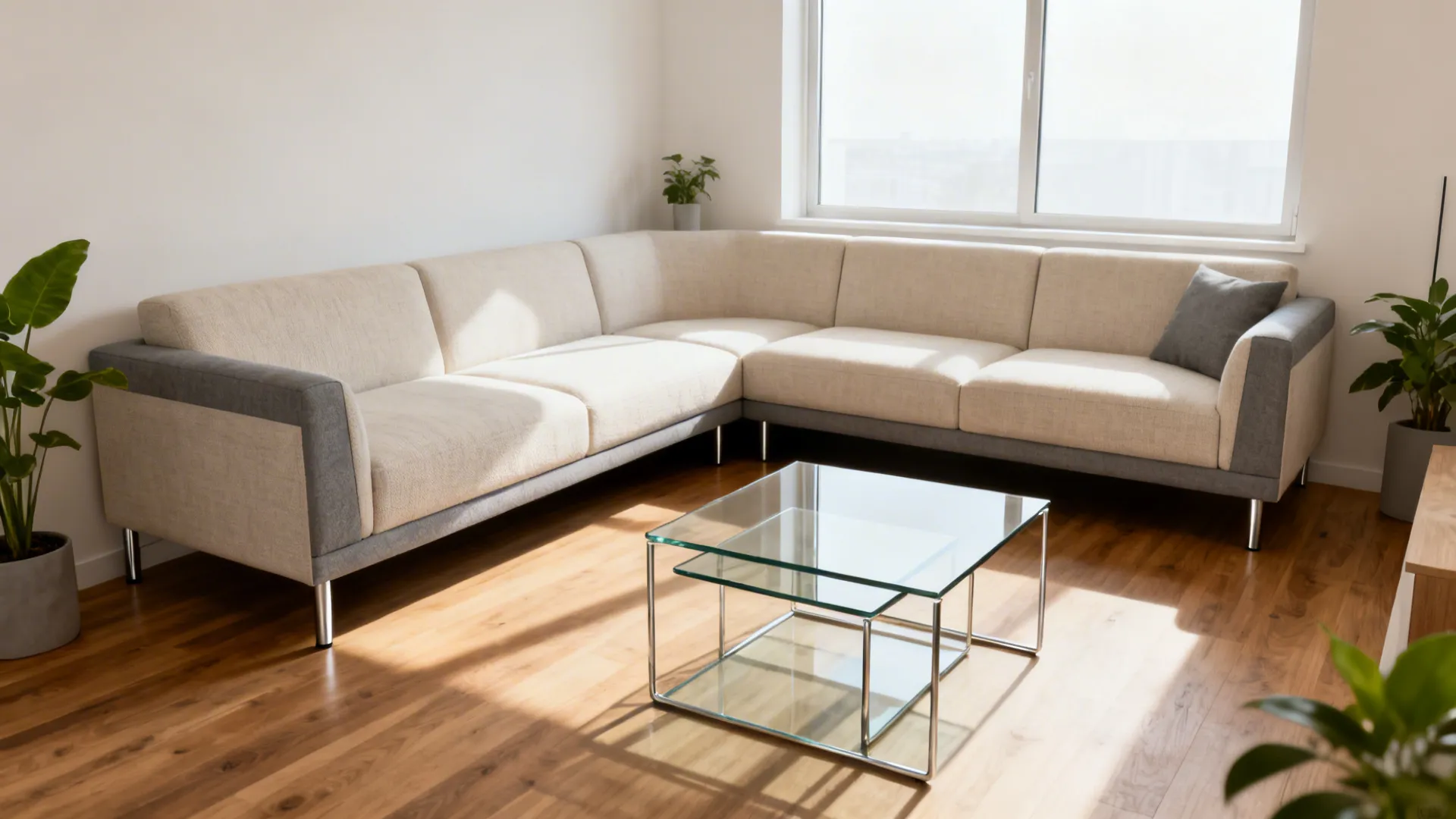 Bright modern living room featuring a beige sofa glass coffee table and warm wood flooring