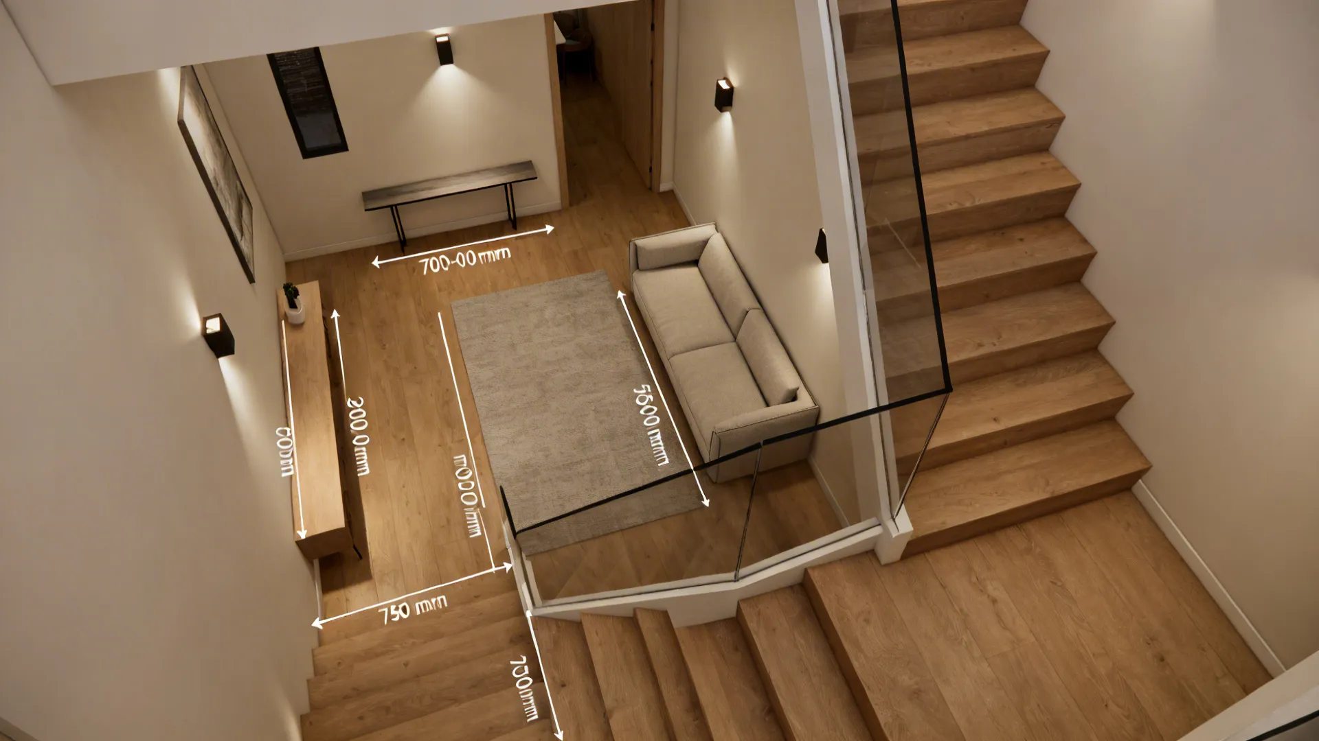 Top-down layout of a small living room with stair, narrow sofa, slim console, and clear circulation paths.