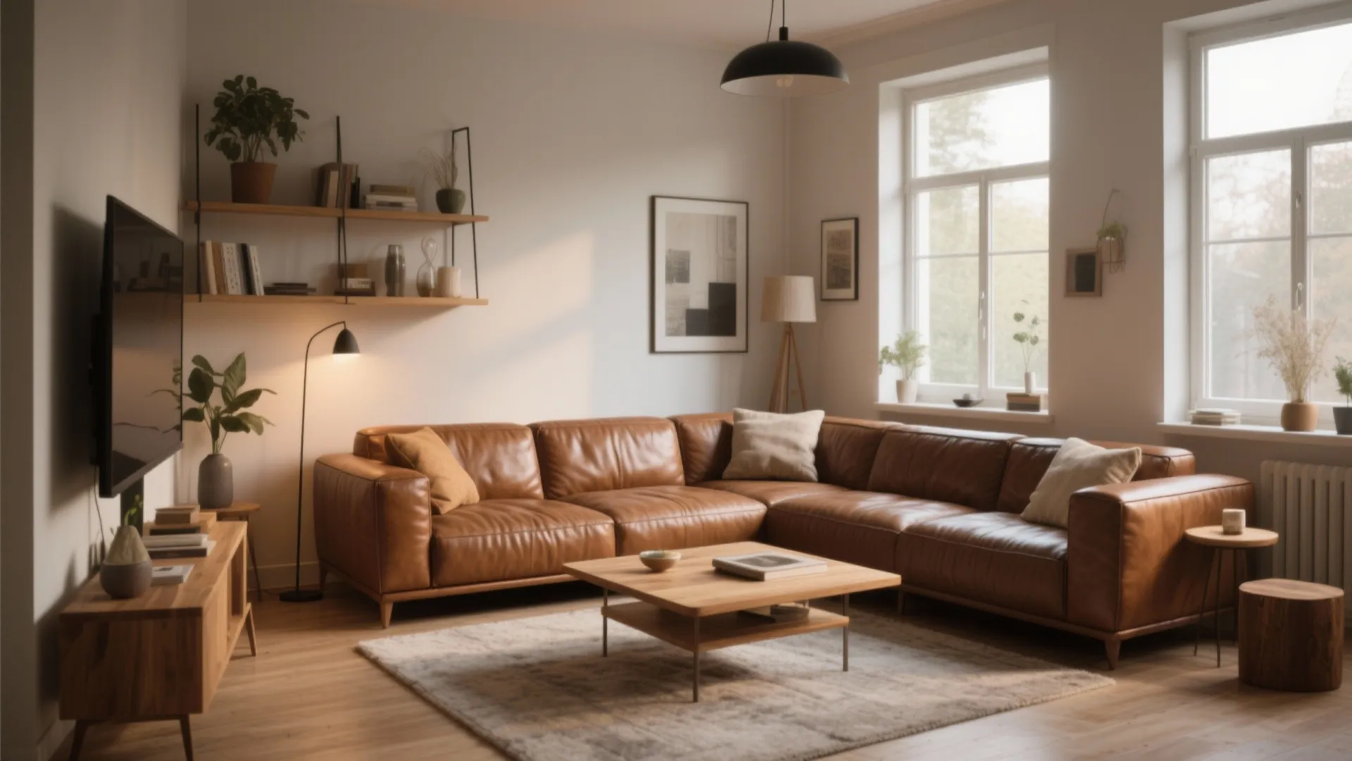 Cozy living room featuring brown leather sofa wooden coffee table wall shelves and black lamp