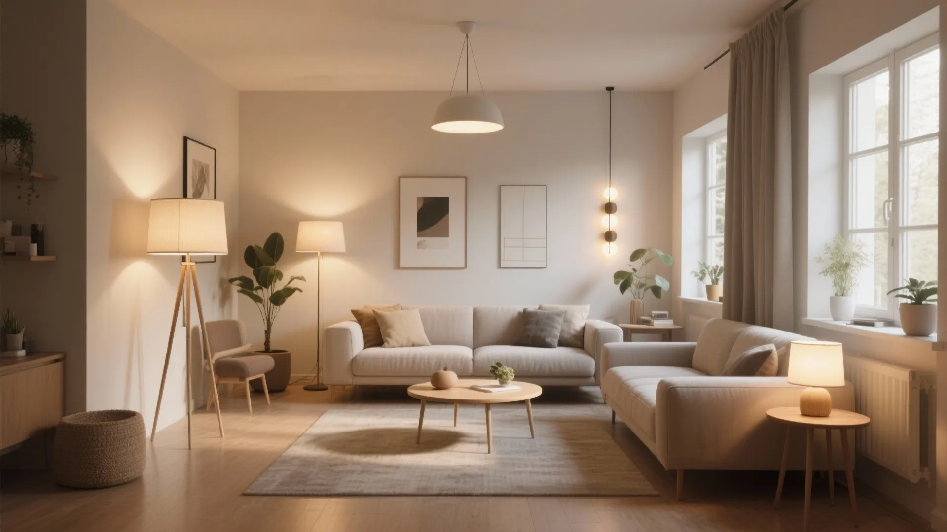 Warm living room with white sofas round wood coffee table and various indoor light fixtures