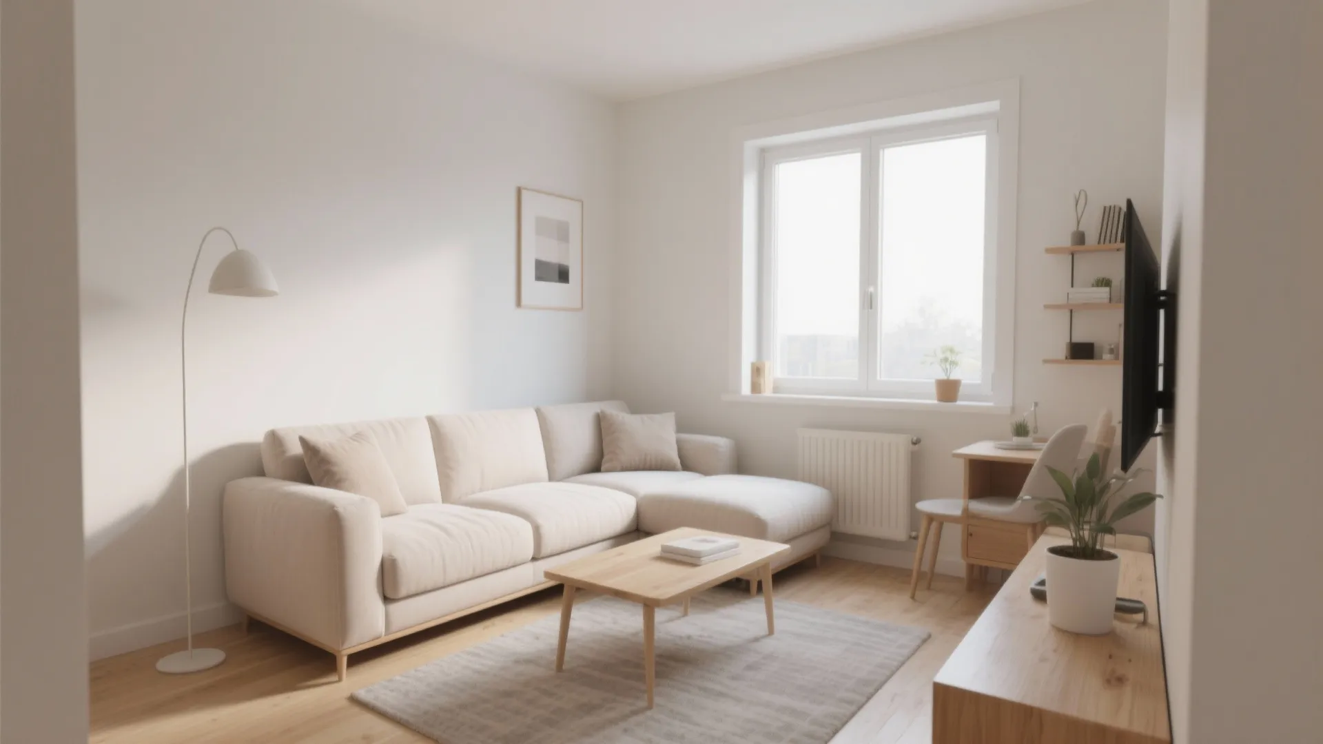 Bright small living room featuring white sofa wooden coffee table floor lamp and a window