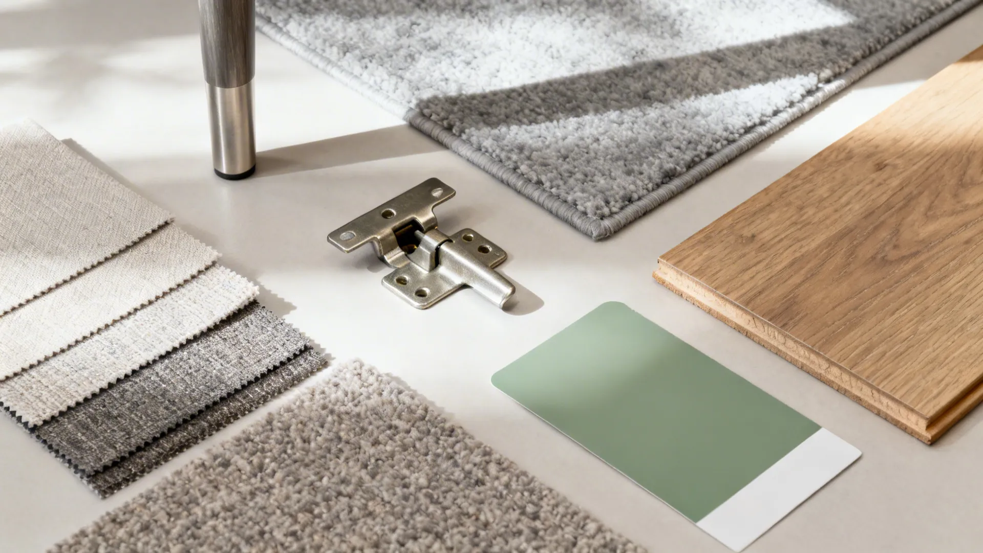 Flat lay of neutral fabric swatches, metal leg, hinge, oak floor, and rug samples for a small living room.