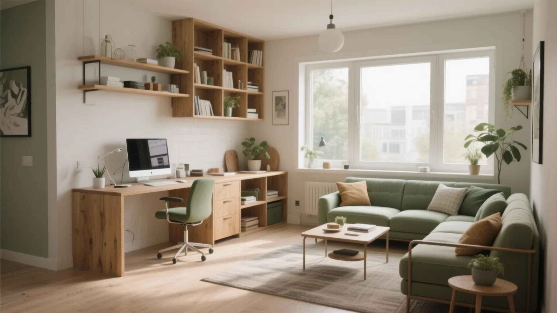 Living room and home office combo with green sofa wooden desk bookshelves and large windows