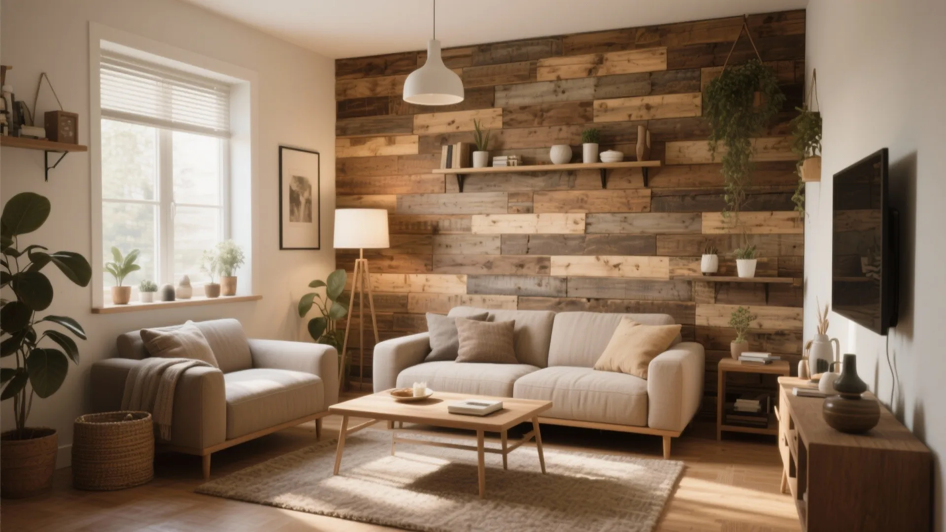 Modern living room featuring a rustic wood wall panel with grey sofa and ceiling light