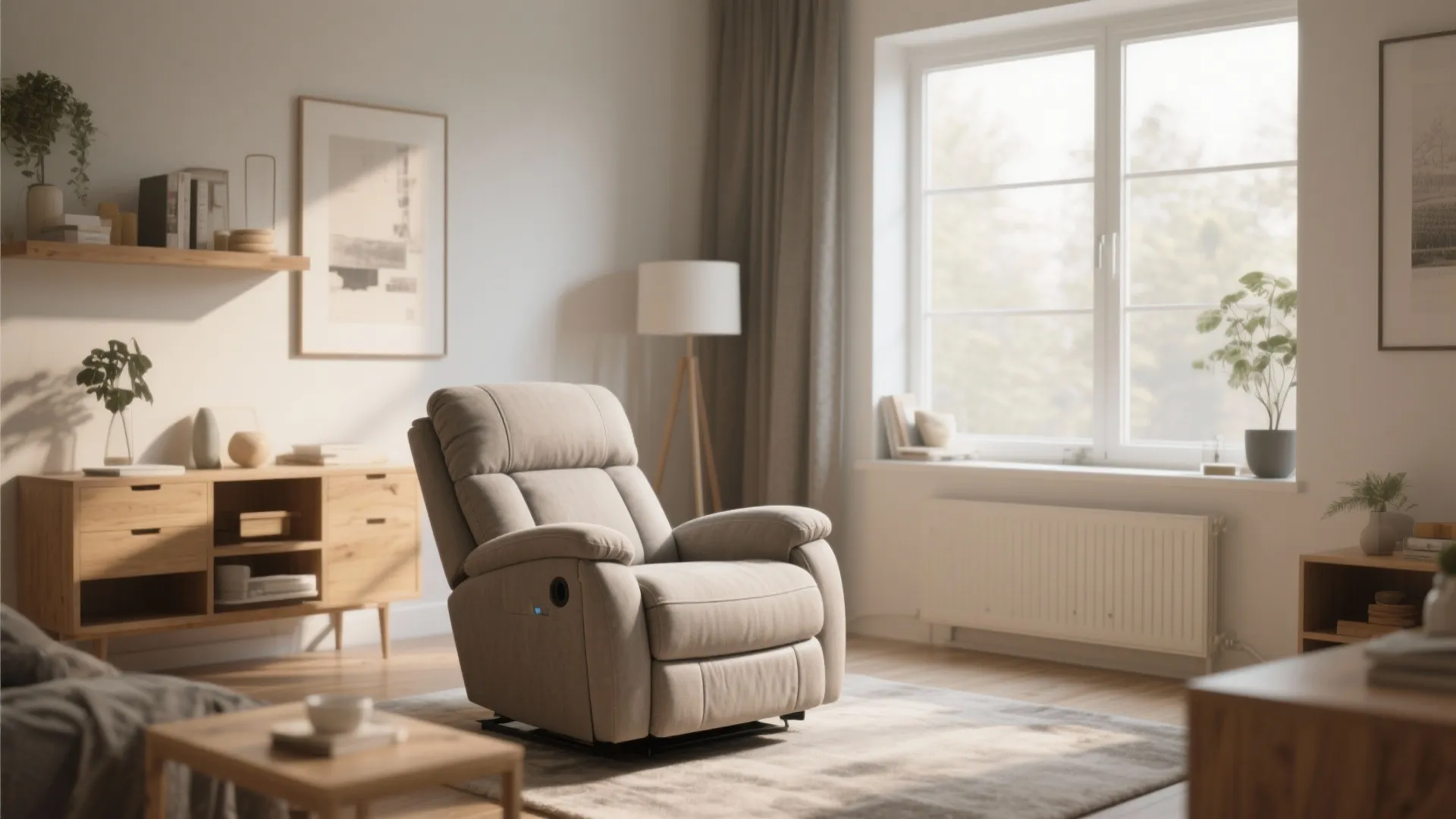 Bright living room with beige sofa chair, wooden cabinet, large window, floor lamp, and green plants