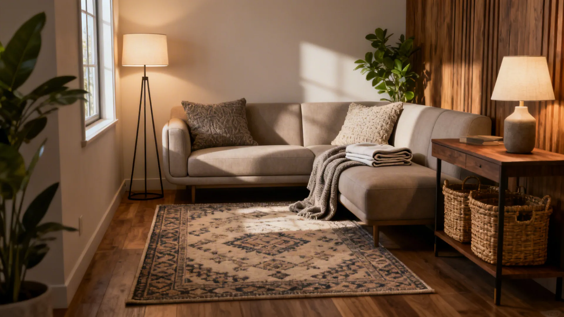Warm living room with beige sofa patterned rug floor lamp wooden table and green potted plant