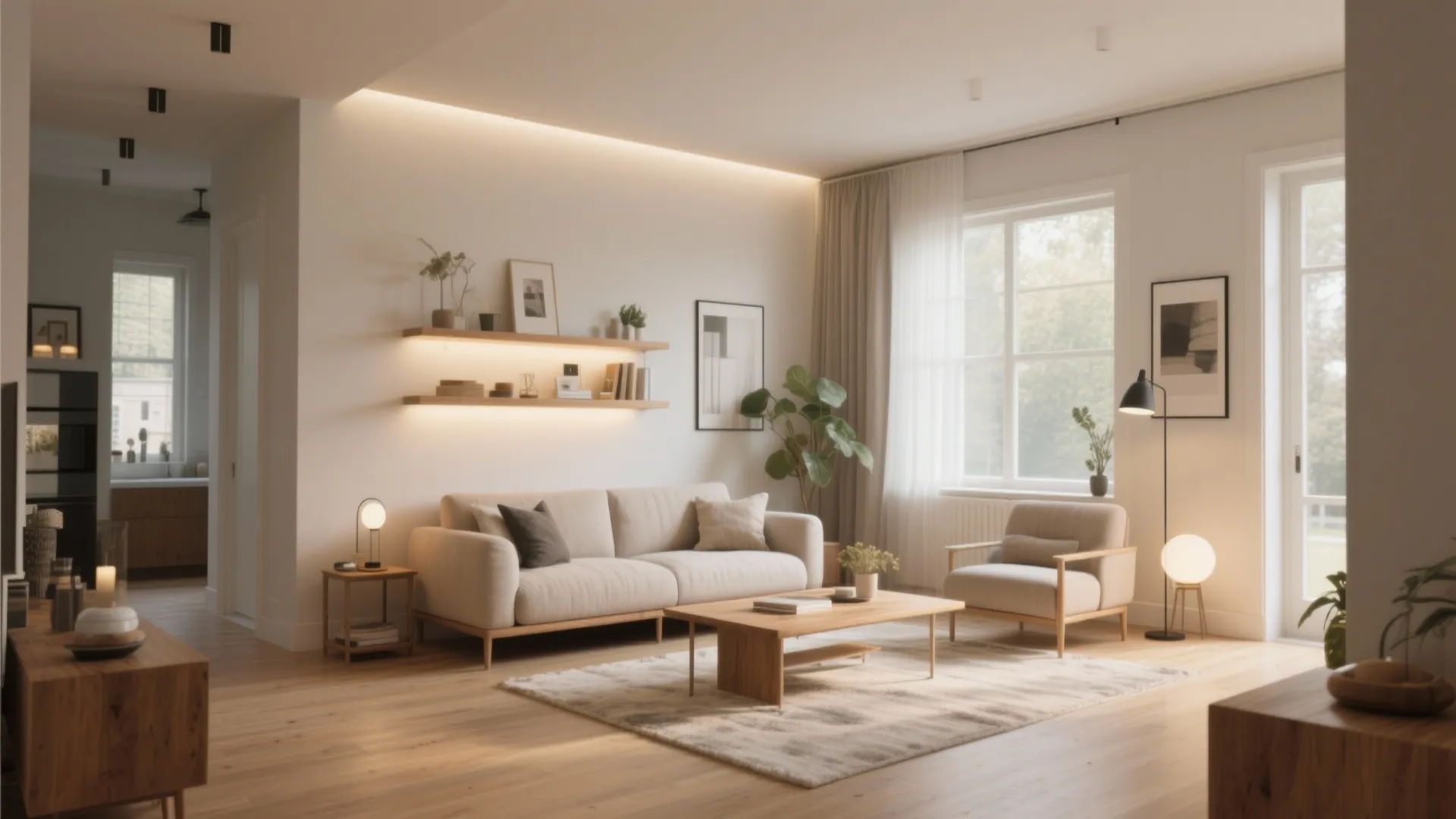 Bright living room with white sofa wooden coffee table floor lights shelves and large window