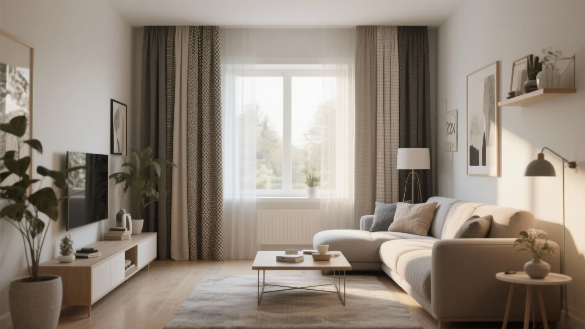 Modern living room featuring neutral curtains a grey sofa wooden floor and a large window